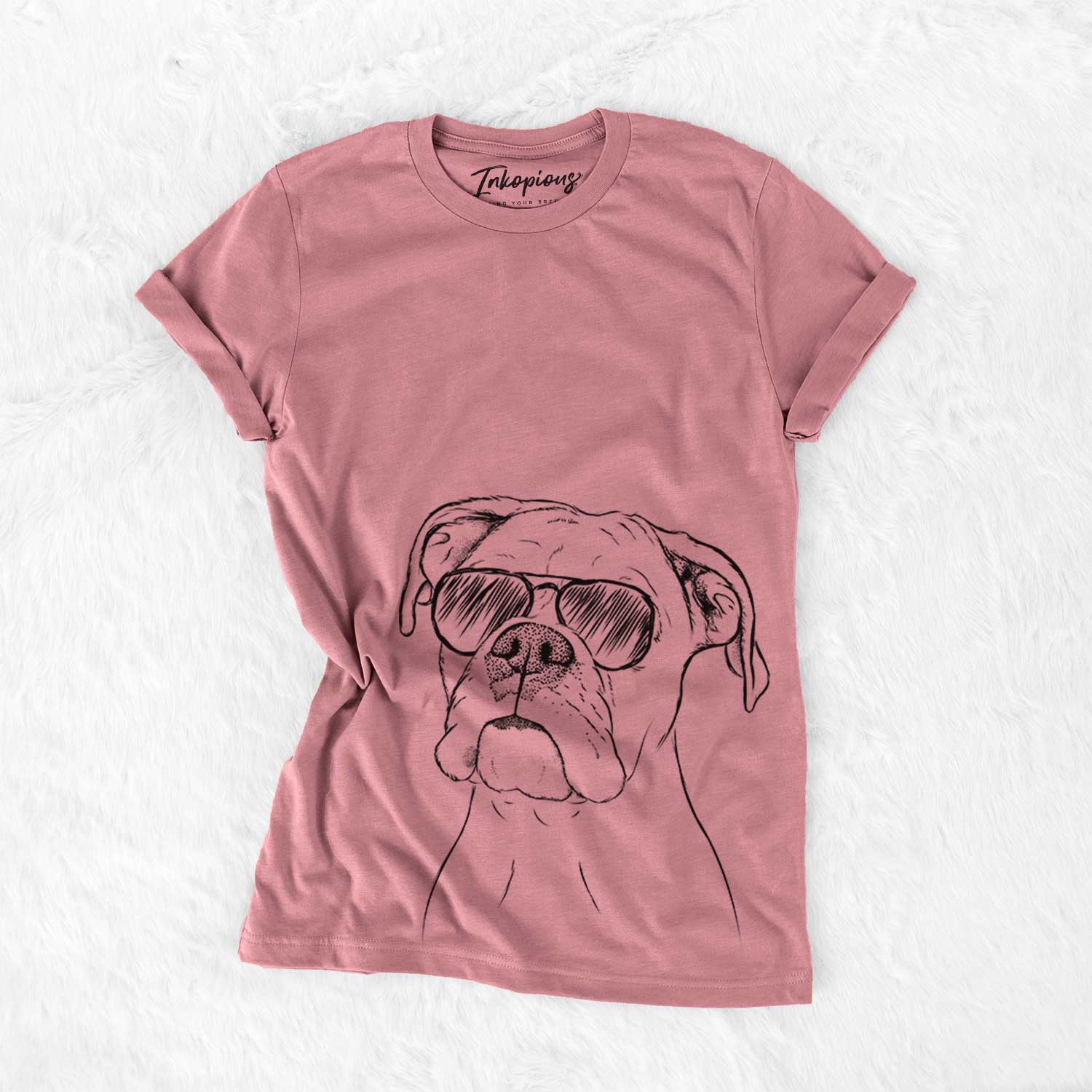 Hand-drawn sketch of Ellie the Boxer wearing aviator sunglasses on a Mauve Bella Canvas Unisex Crewneck
