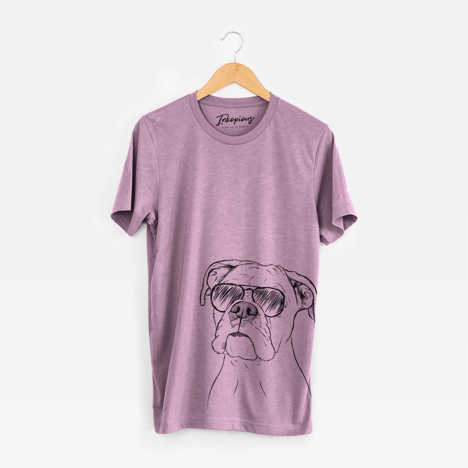 Hand-drawn sketch of Ellie the Boxer wearing aviator sunglasses on an Orchid Bella Canvas Unisex Crewneck