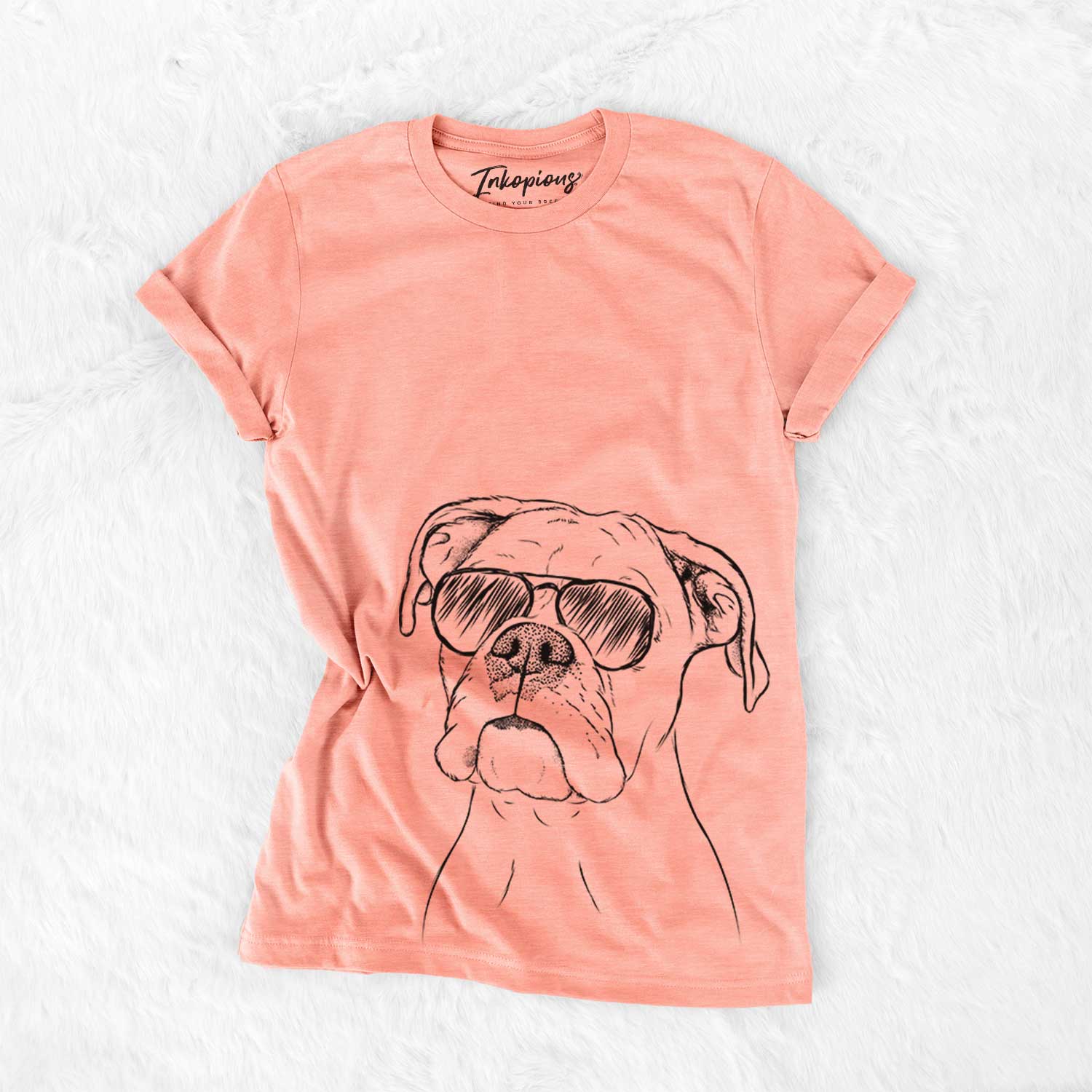 Hand-drawn sketch of Ellie the Boxer wearing aviator sunglasses on a Sunset Bella Canvas Unisex Crewneck