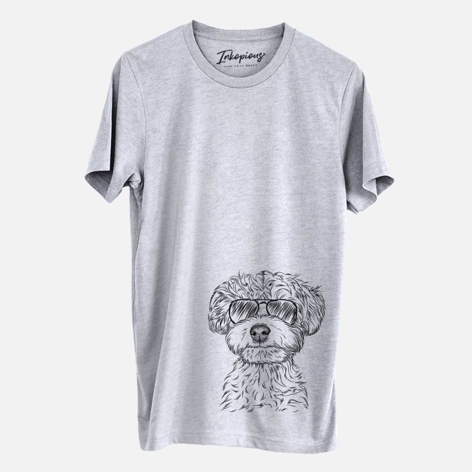 Hand-drawn sketch of Elliott the Yorkiepoo wearing aviator sunglasses on a Grey Unisex crewneck