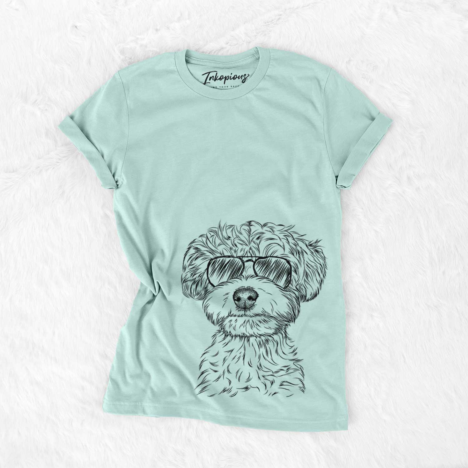 Hand-drawn sketch of Elliott the Yorkiepoo wearing aviator sunglasses on a Heather Sage Unisex crewneck
