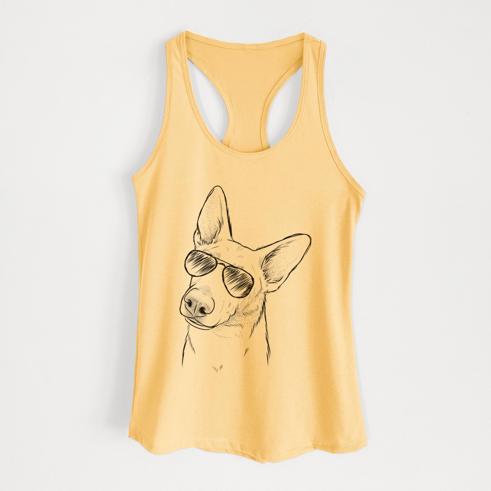 Hand-drawn sketch of Elsa the German Shepherd wearing aviator sunglasses on a Banana Cream Women's racerback tanktop