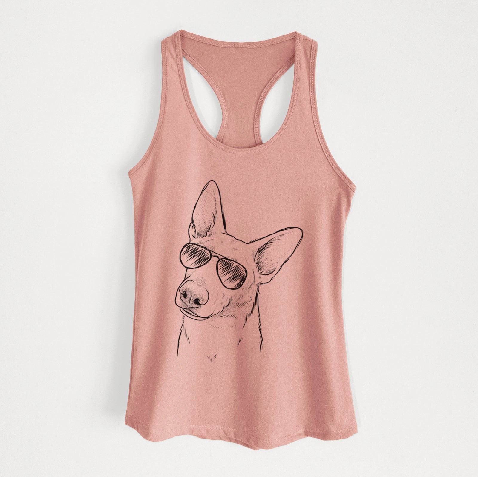 Hand-drawn sketch of Elsa the German Shepherd wearing aviator sunglasses on a Desert Pink Women's racerback tanktop