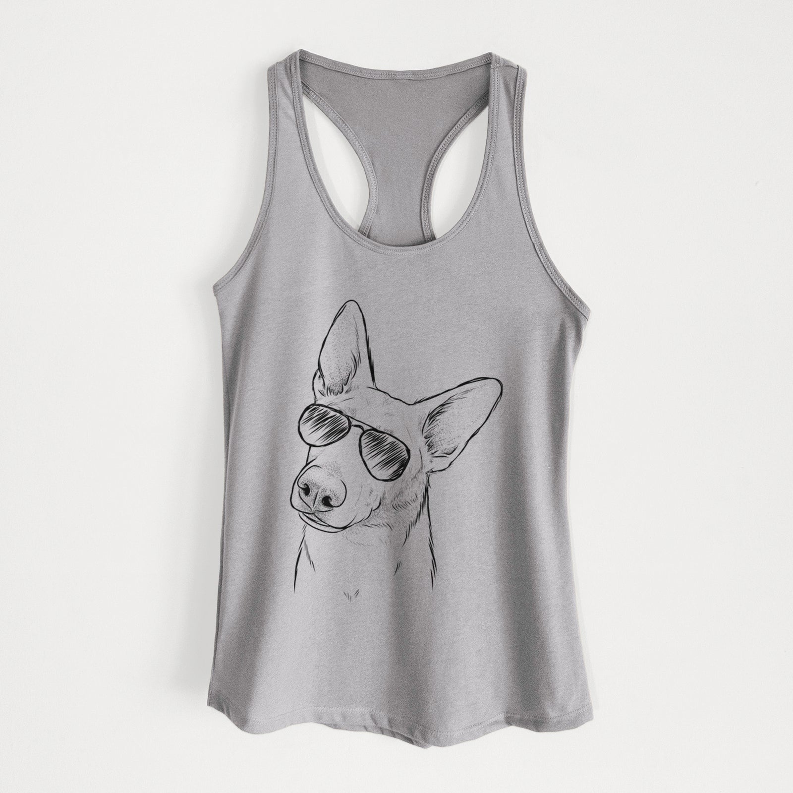 Hand-drawn sketch of Elsa the German Shepherd wearing aviator sunglasses on a Heather Grey Women's racerback tanktop
