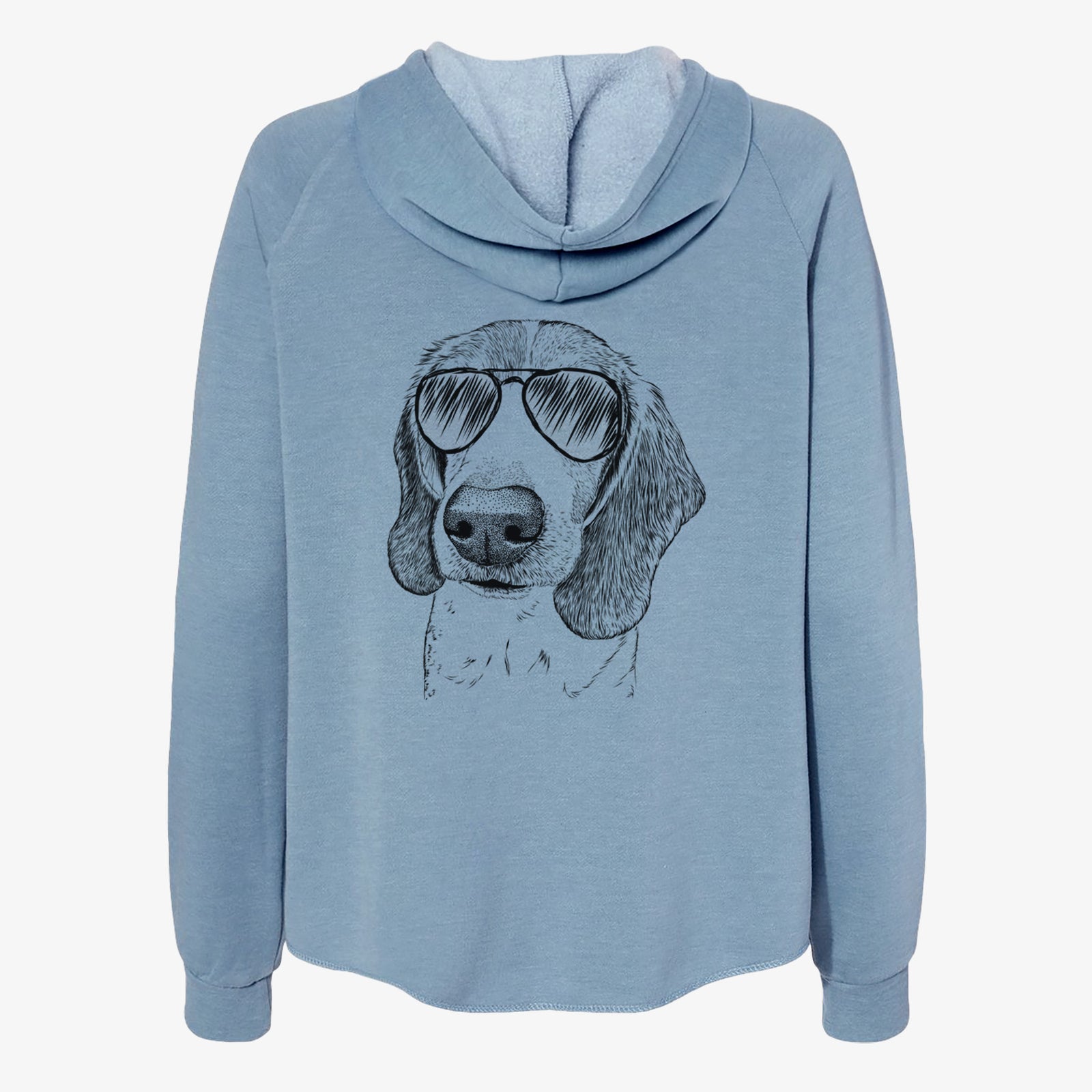 Hand-drawn sketch of Elvis the Bluetick Beagle wearing aviator sunglasses on a Misty Blue Women's cali wave zip-up sweatshirt