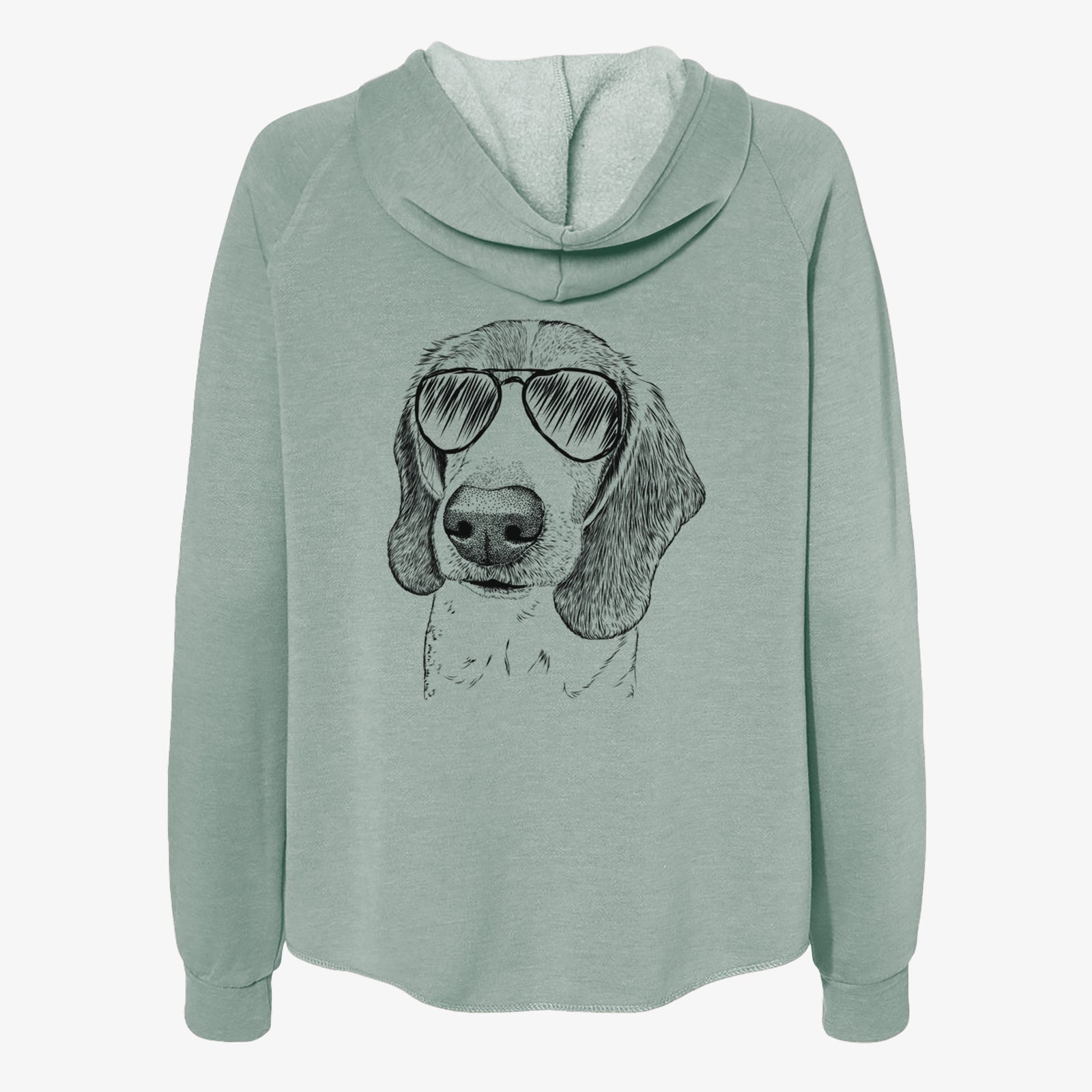 Hand-drawn sketch of Elvis the Bluetick Beagle wearing aviator sunglasses on a Sage Women's cali wave zip-up sweatshirt
