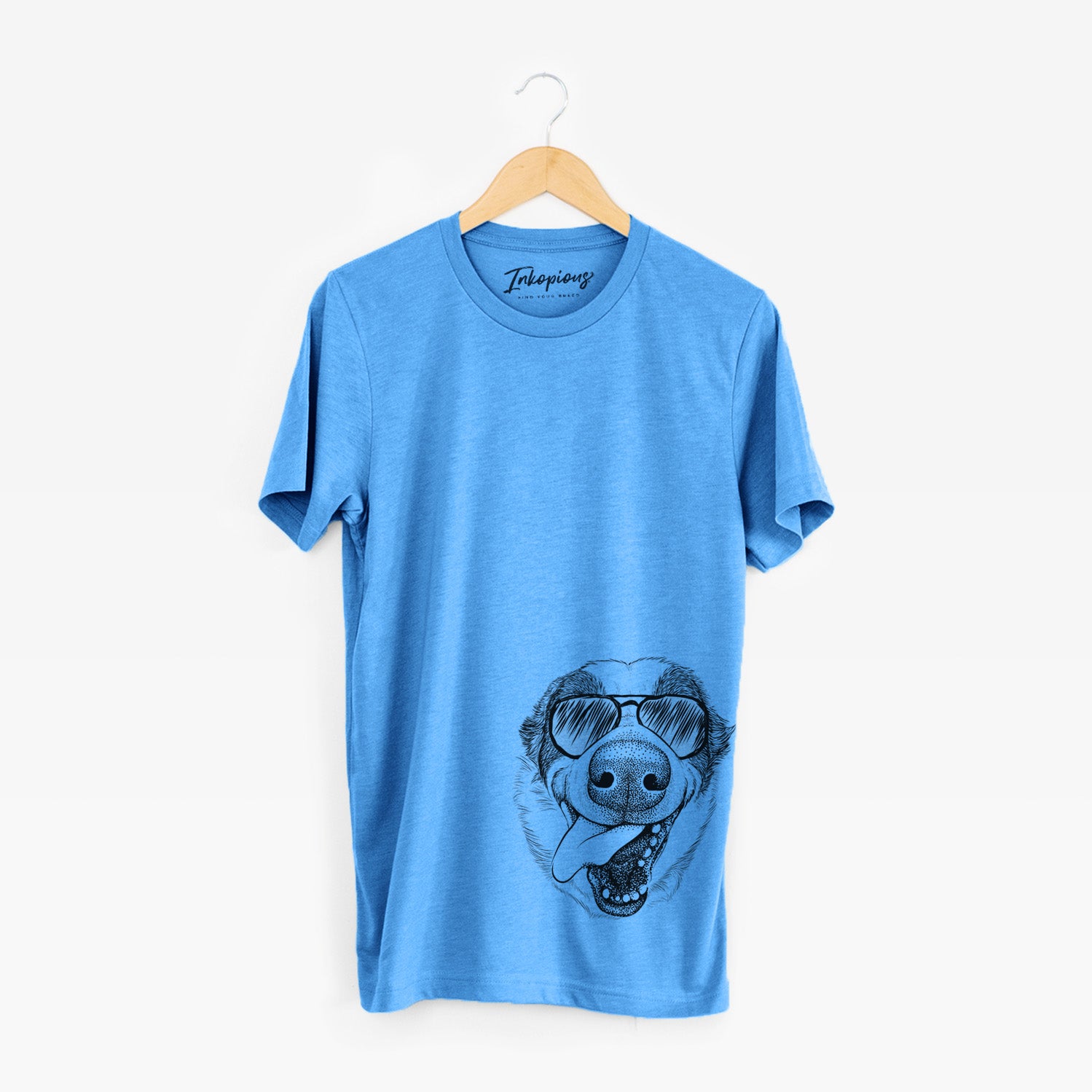 Hand-drawn sketch of Elwood the Border Collie wearing aviator sunglasses on a Blue Unisex crewneck
