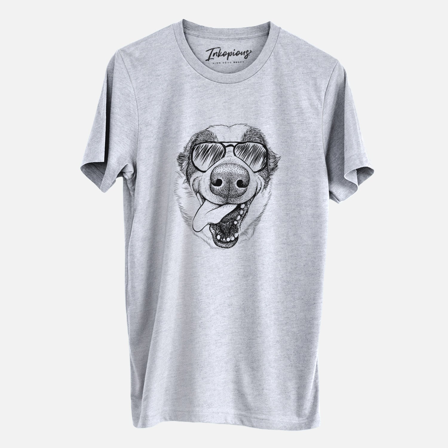 Hand-drawn sketch of Elwood the Border Collie wearing aviator sunglasses on a Grey Unisex crewneck