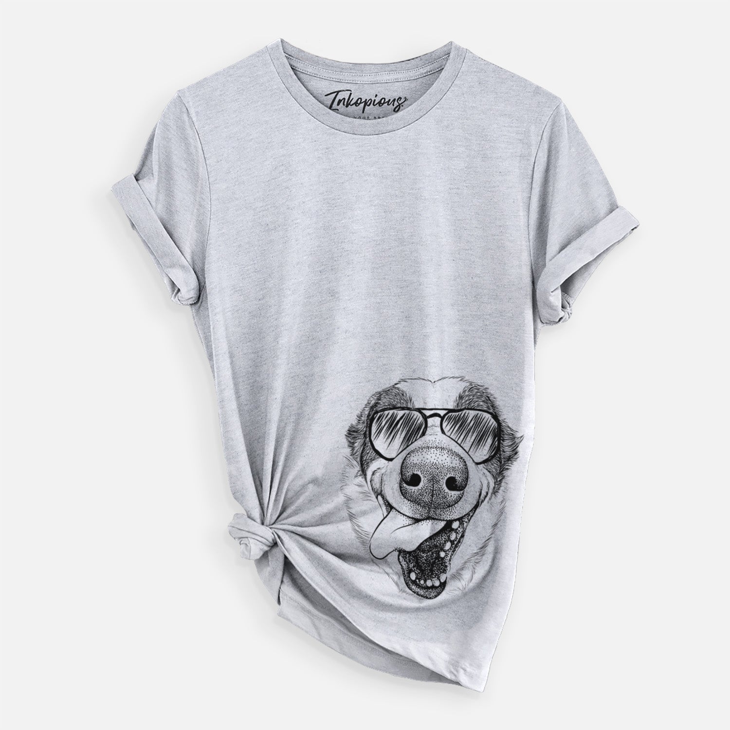 Hand-drawn sketch of Elwood the Border Collie wearing aviator sunglasses on a Grey Unisex crewneck