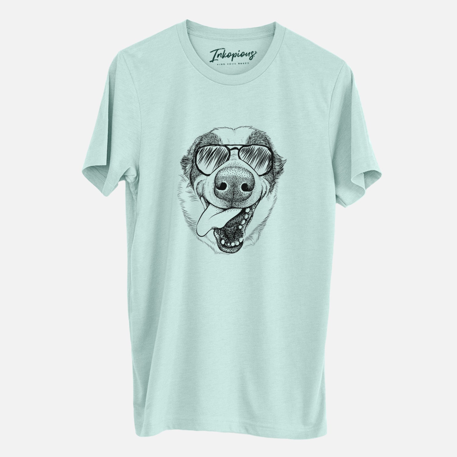 Hand-drawn sketch of Elwood the Border Collie wearing aviator sunglasses on a Heather Sage Unisex crewneck
