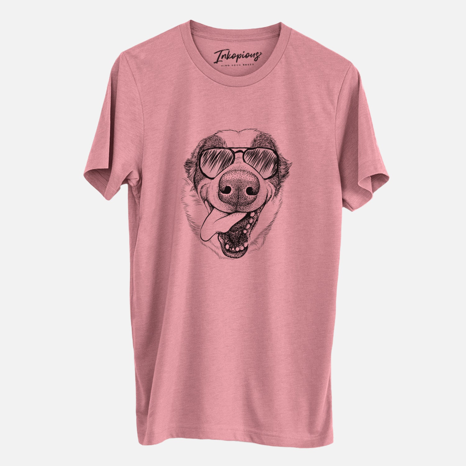 Hand-drawn sketch of Elwood the Border Collie wearing aviator sunglasses on a Mauve Unisex crewneck