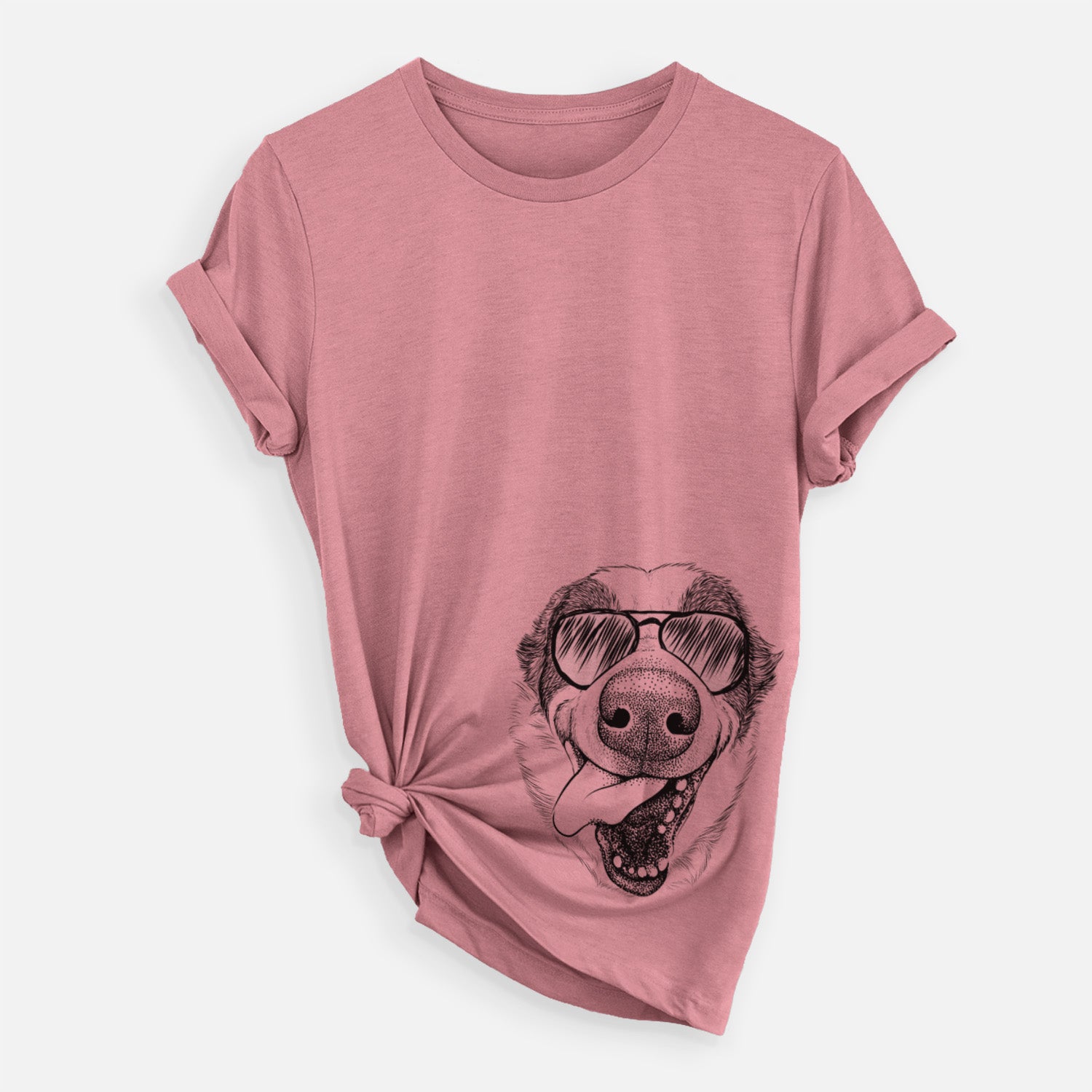 Hand-drawn sketch of Elwood the Border Collie wearing aviator sunglasses on a Mauve Unisex crewneck