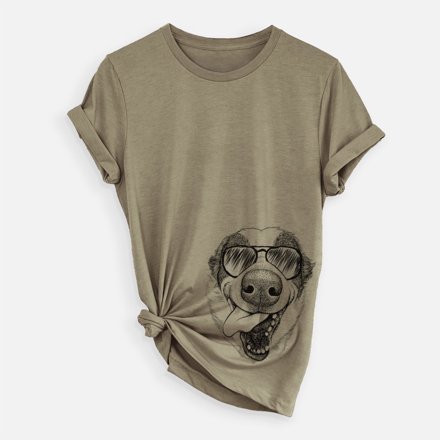 Hand-drawn sketch of Elwood the Border Collie wearing aviator sunglasses on an Olive Unisex crewneck
