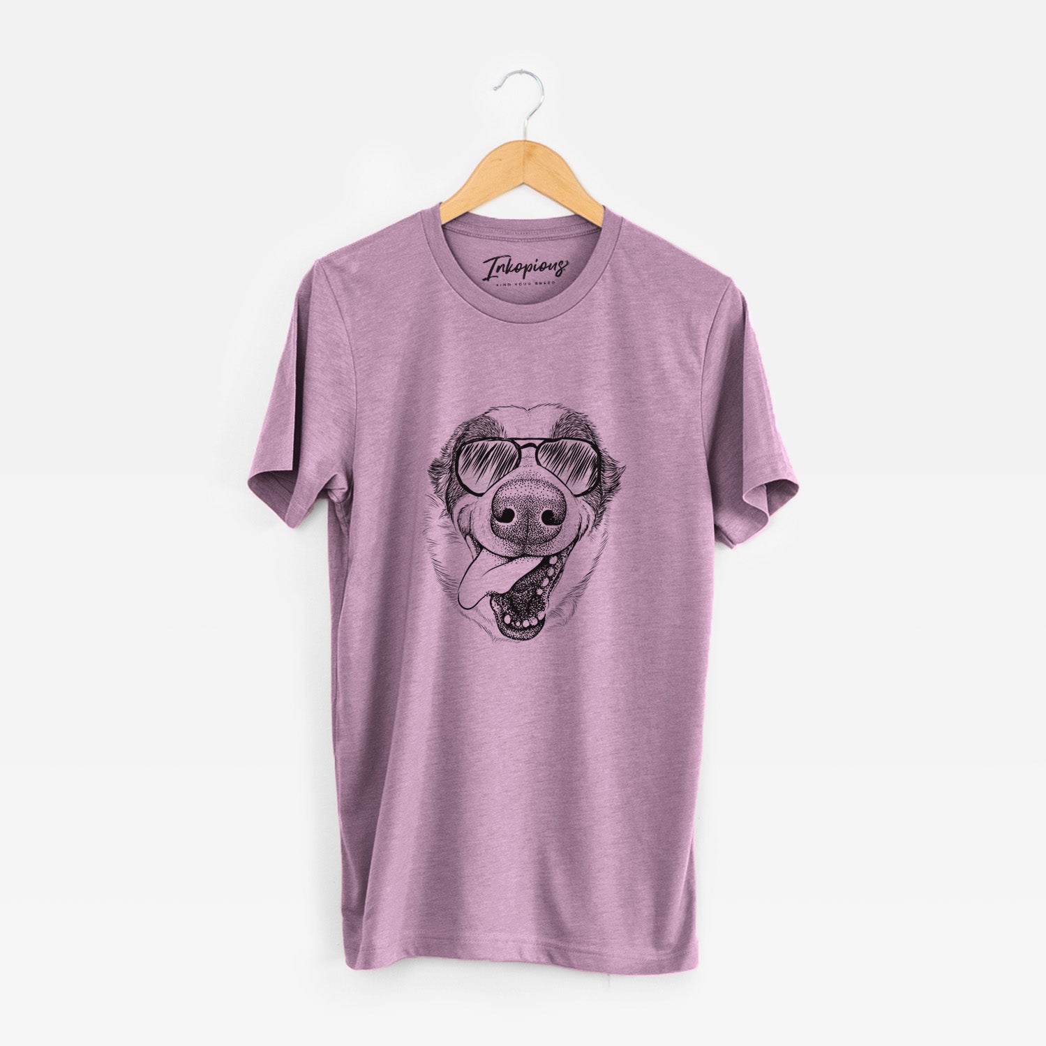 Hand-drawn sketch of Elwood the Border Collie wearing aviator sunglasses on an Orchid Unisex crewneck