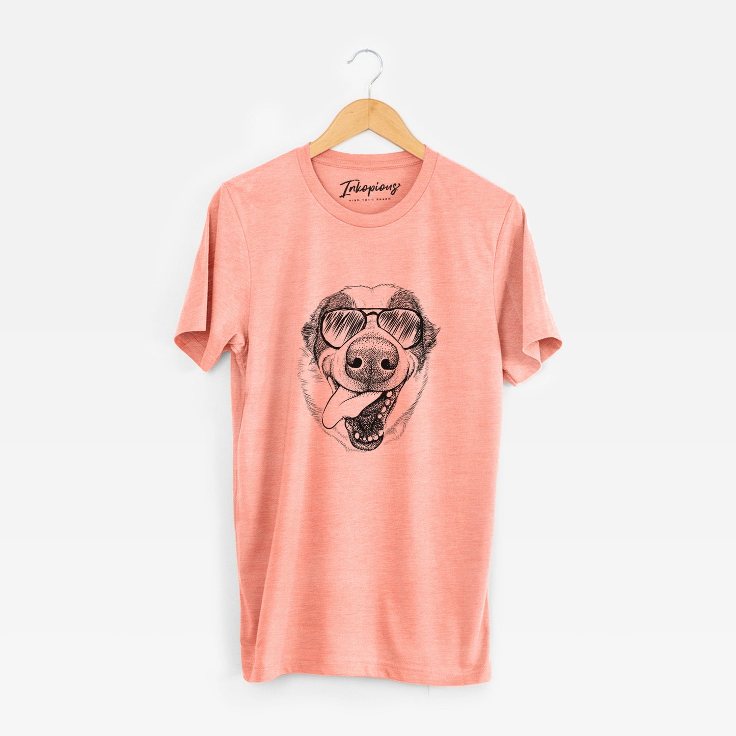 Hand-drawn sketch of Elwood the Border Collie wearing aviator sunglasses on a Sunset Unisex crewneck