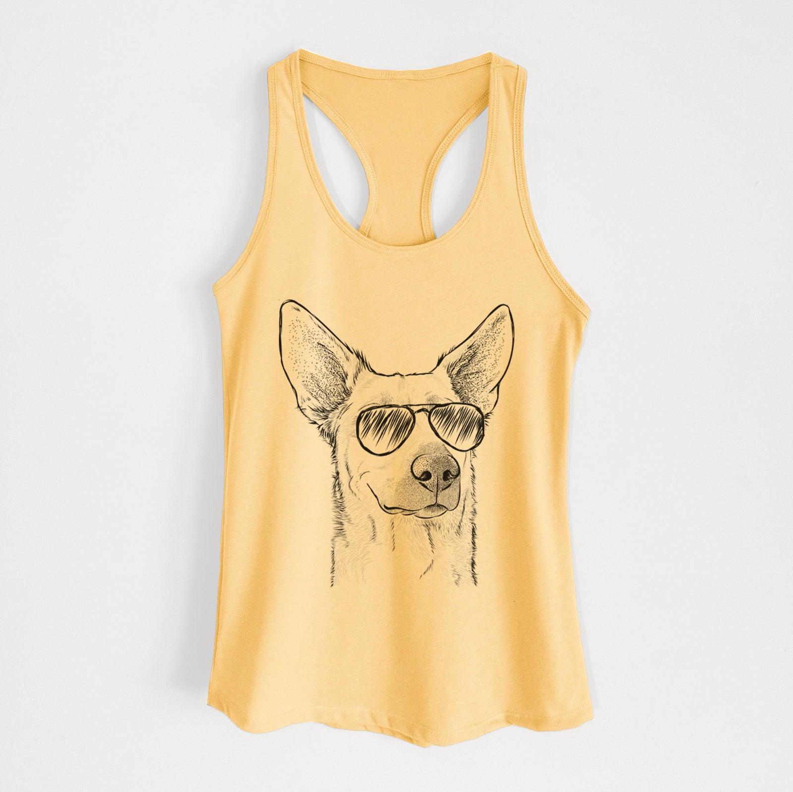 Hand-drawn sketch of Ember the Shepherd Mix wearing aviator sunglasses on a Banana Cream Women's racerback tanktop