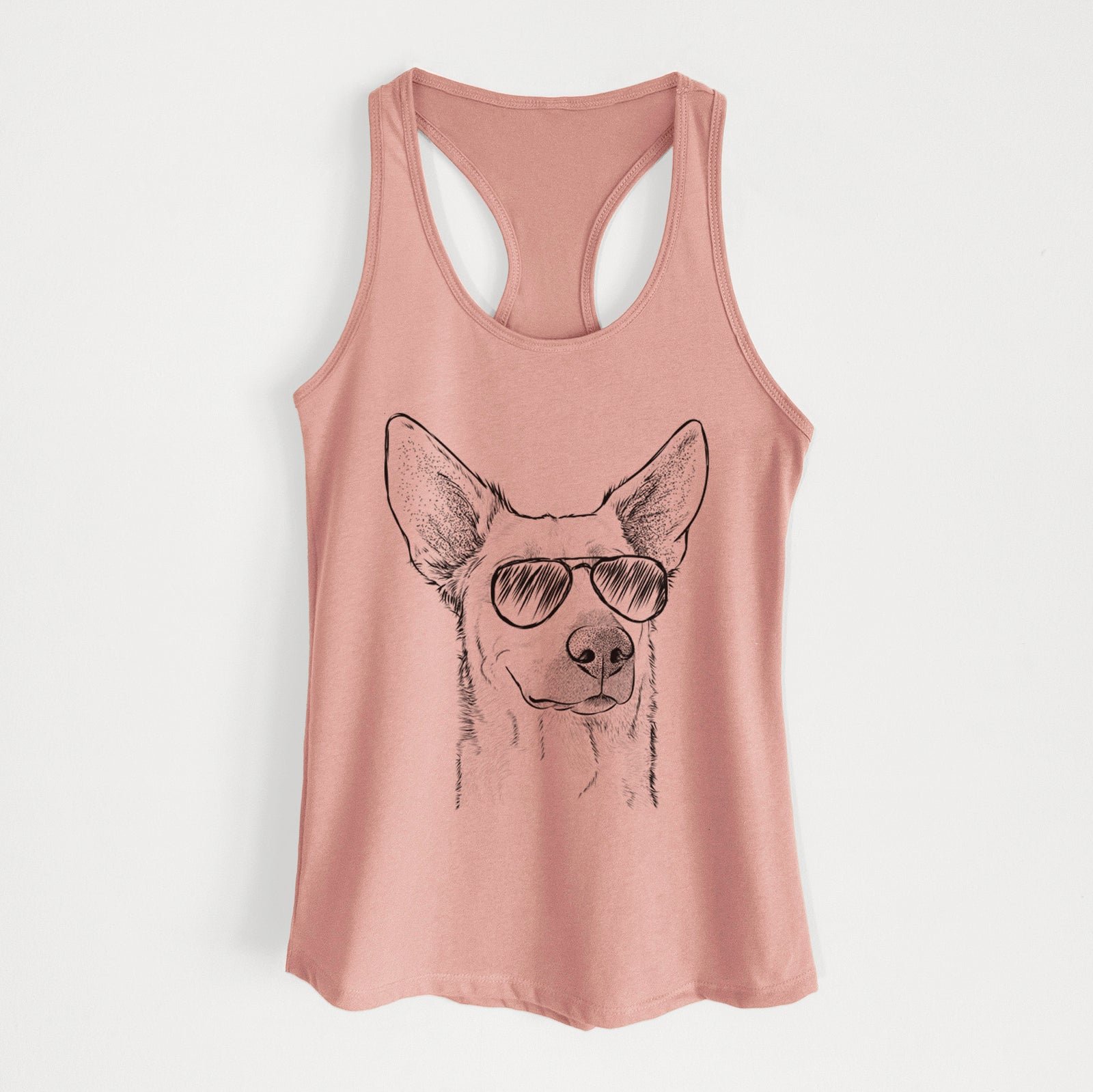 Hand-drawn sketch of Ember the Shepherd Mix wearing aviator sunglasses on a Desert Pink Women's racerback tanktop
