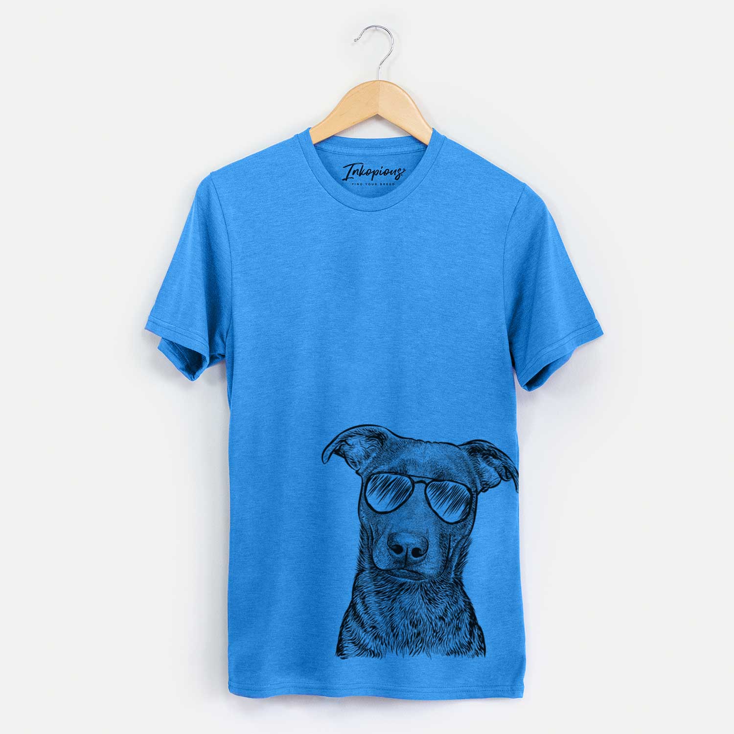Hand-drawn sketch of Embyr the Mixed Breed wearing aviator sunglasses on a Blue Unisex crewneck