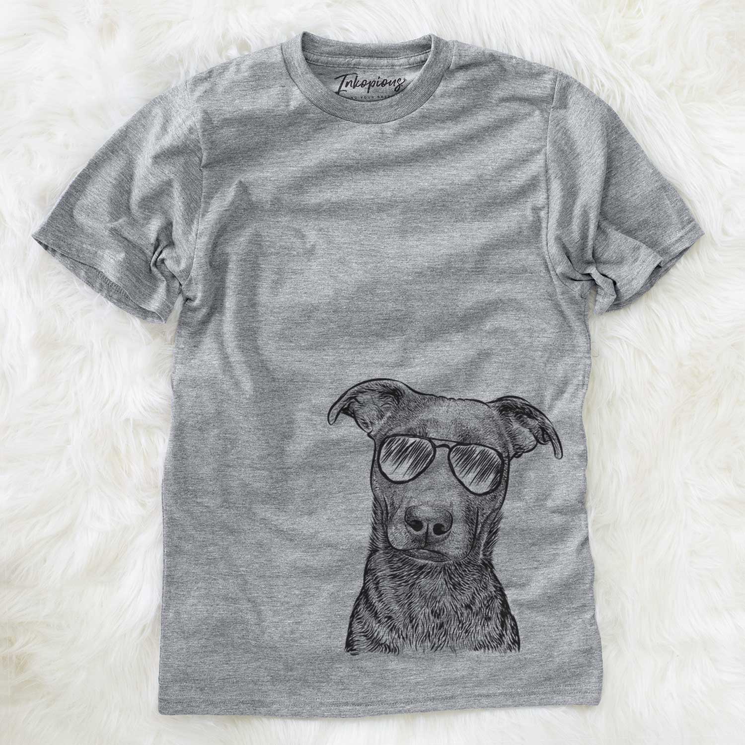 Hand-drawn sketch of Embyr the Mixed Breed wearing aviator sunglasses on a Grey Unisex crewneck