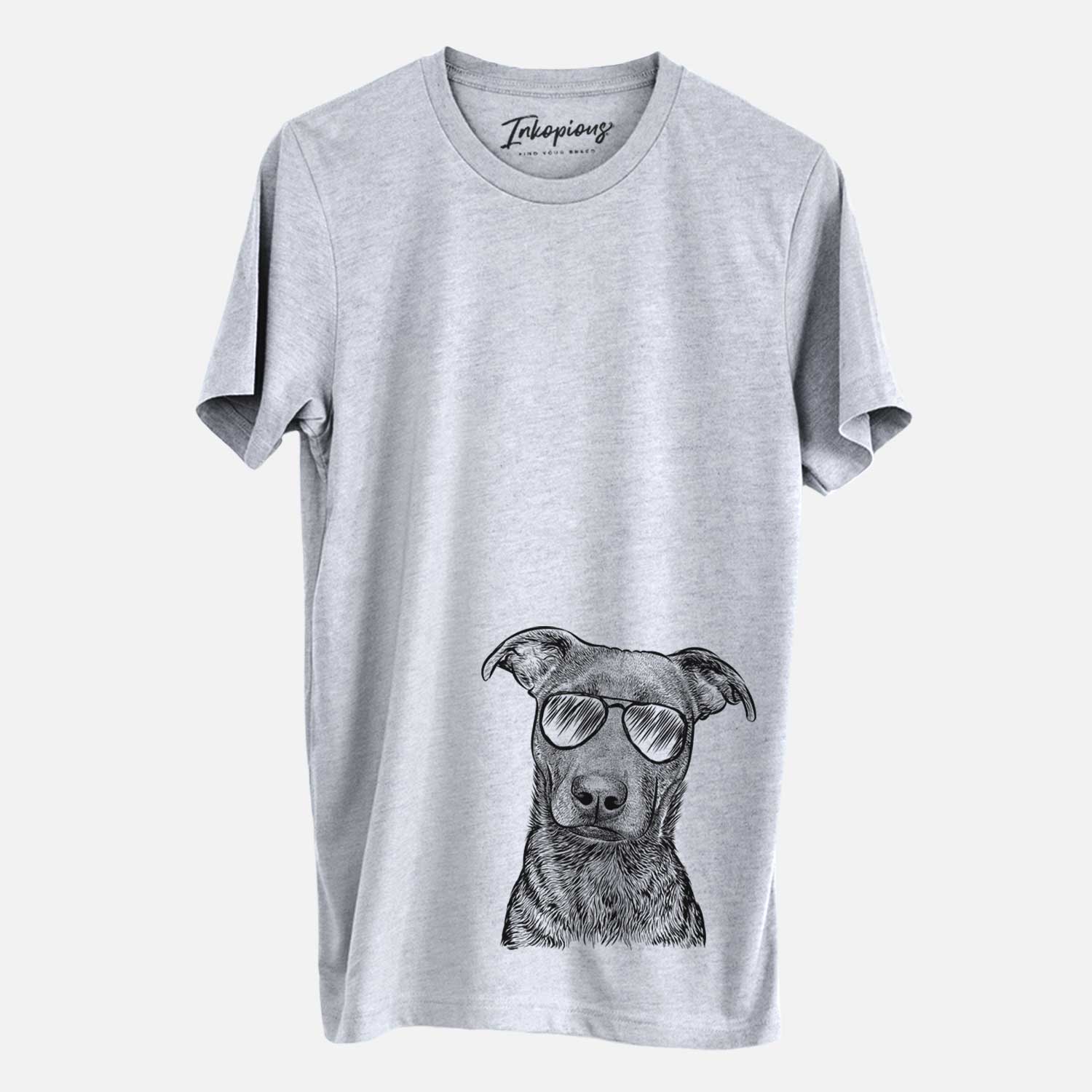 Hand-drawn sketch of Embyr the Mixed Breed wearing aviator sunglasses on a Grey Unisex crewneck