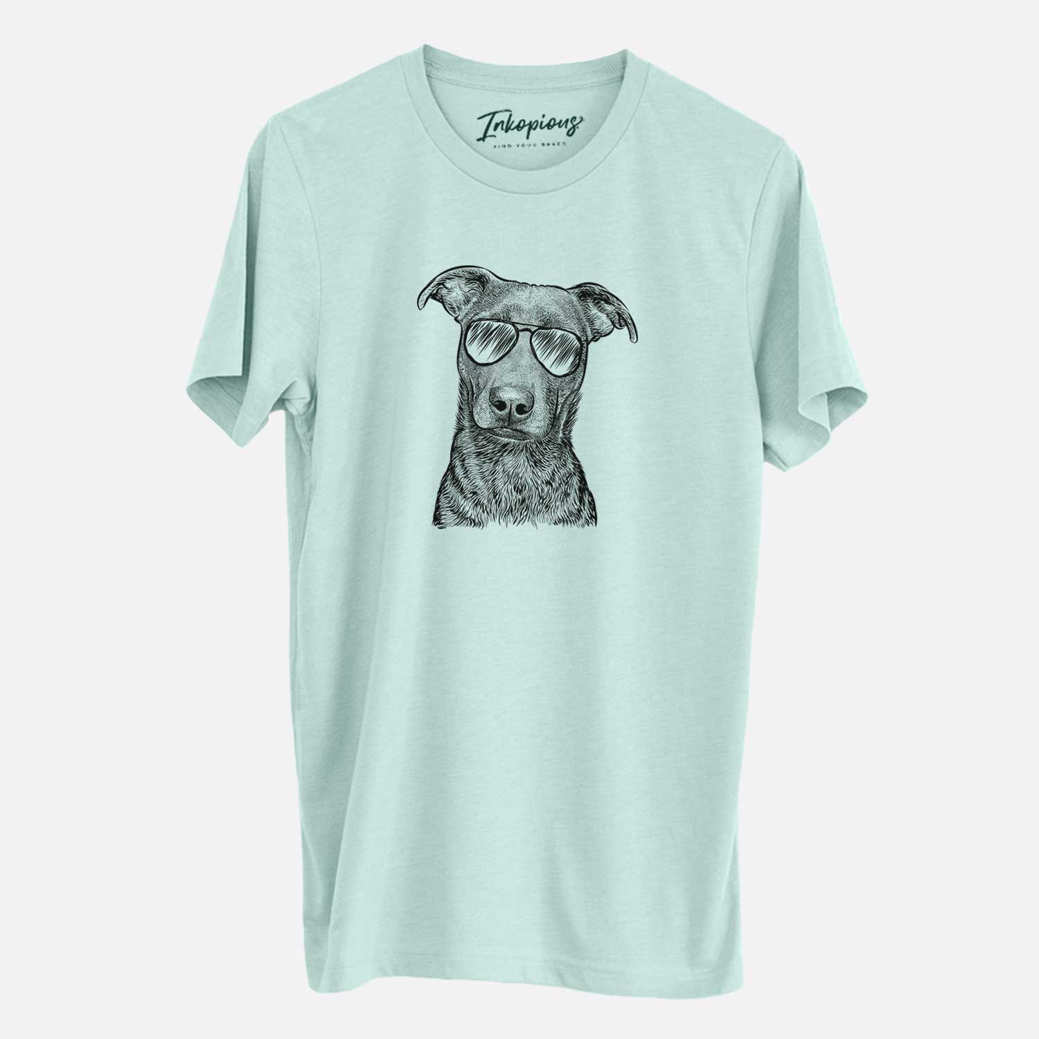 Hand-drawn sketch of Embyr the Mixed Breed wearing aviator sunglasses on a Heather Sage Unisex crewneck
