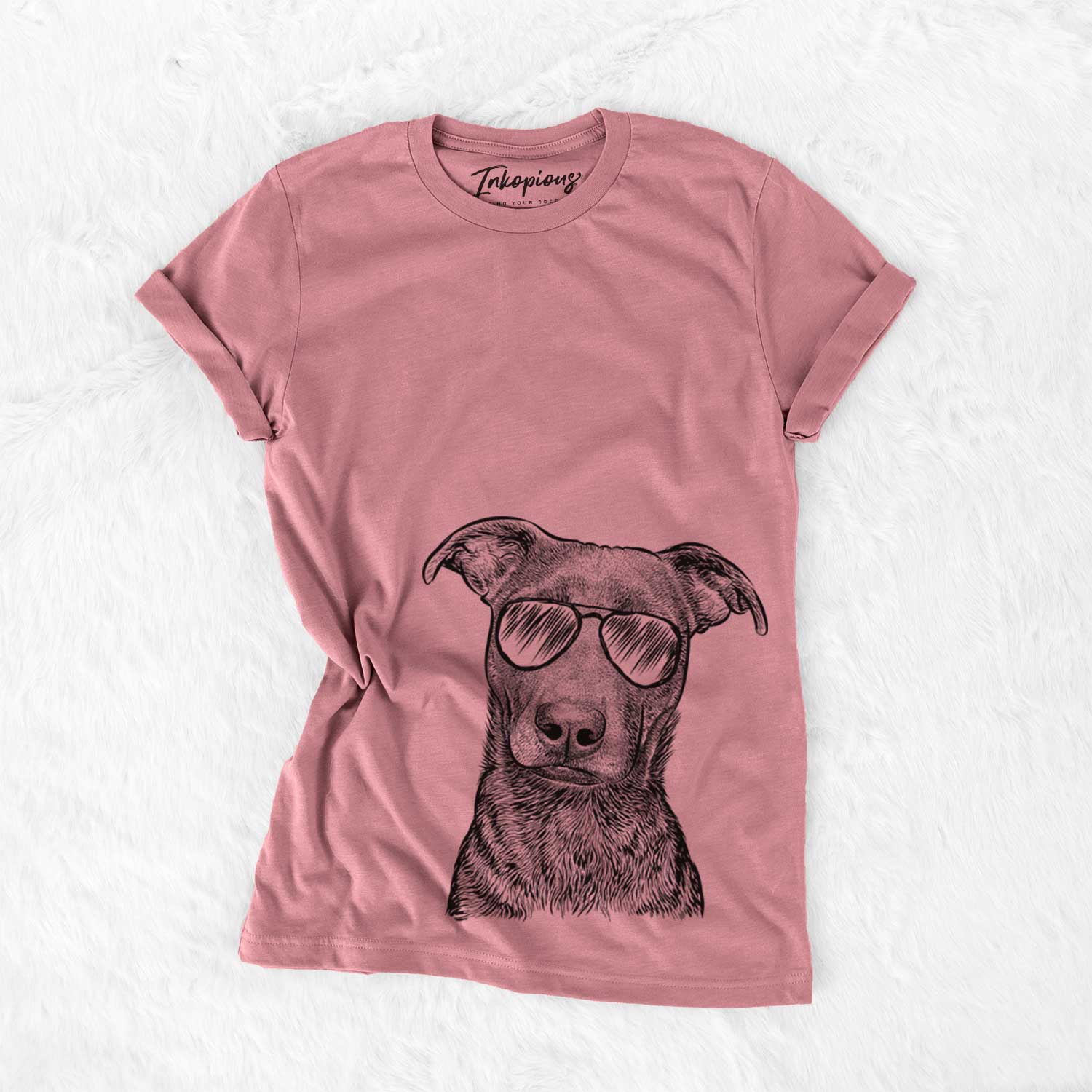 Hand-drawn sketch of Embyr the Mixed Breed wearing aviator sunglasses on a Mauve Unisex crewneck