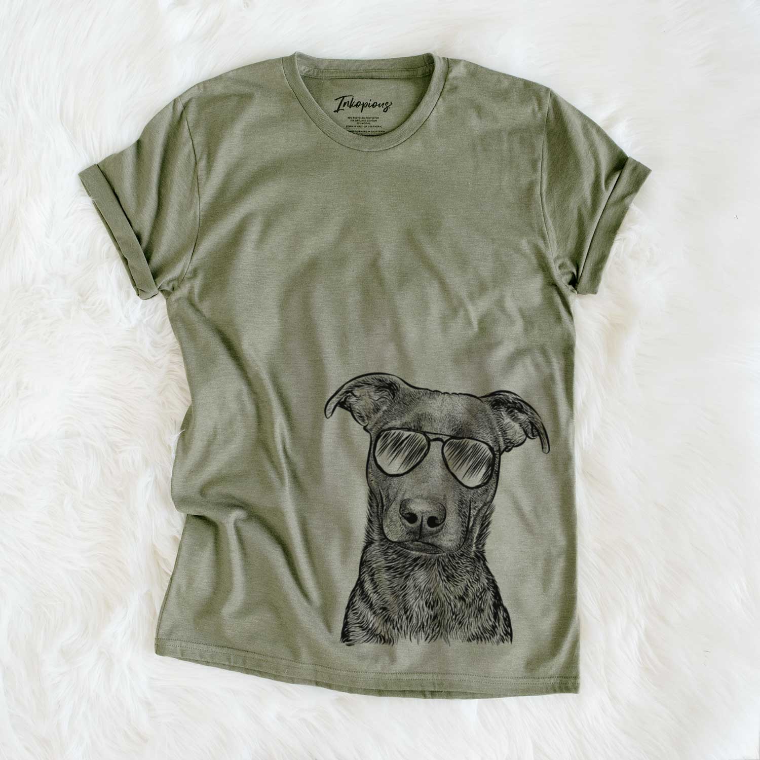 Hand-drawn sketch of Embyr the Mixed Breed wearing aviator sunglasses on an Olive Unisex crewneck