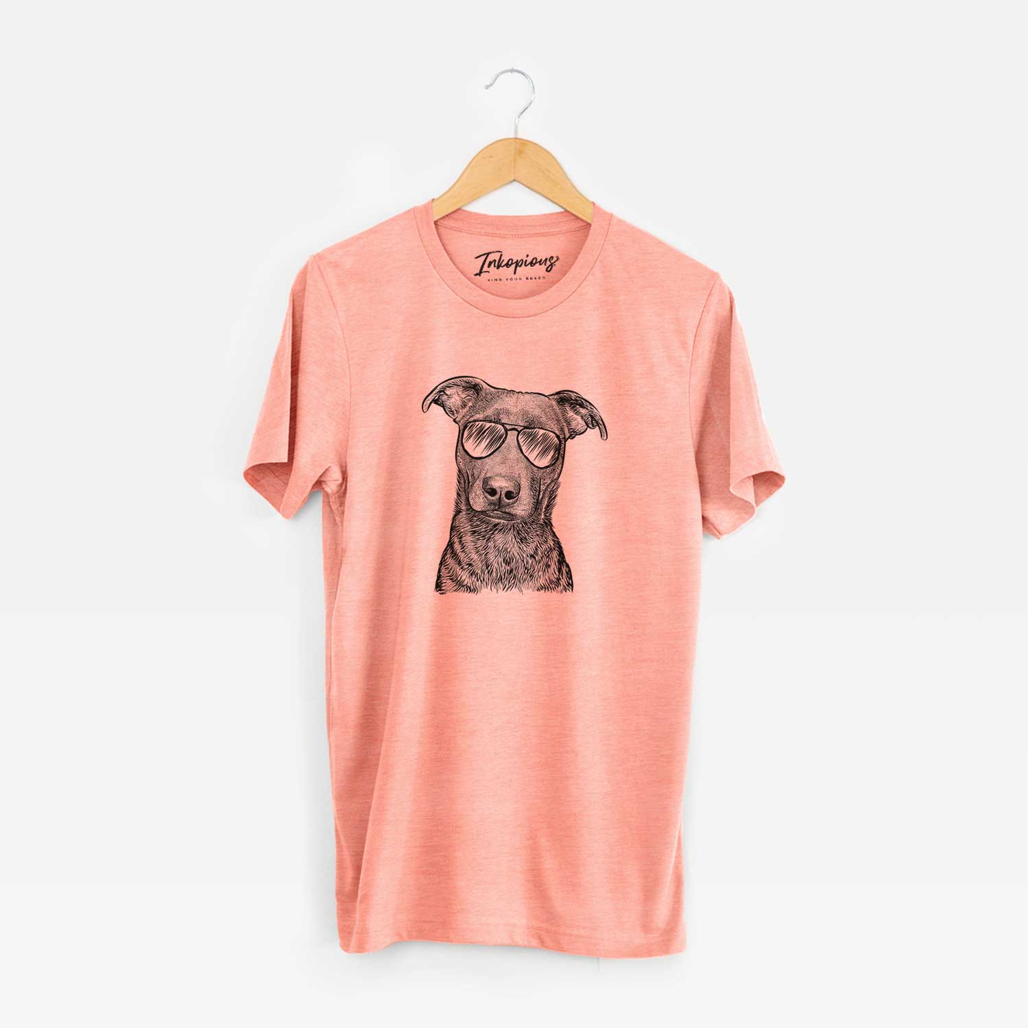 Hand-drawn sketch of Embyr the Mixed Breed wearing aviator sunglasses on a Sunset Unisex crewneck