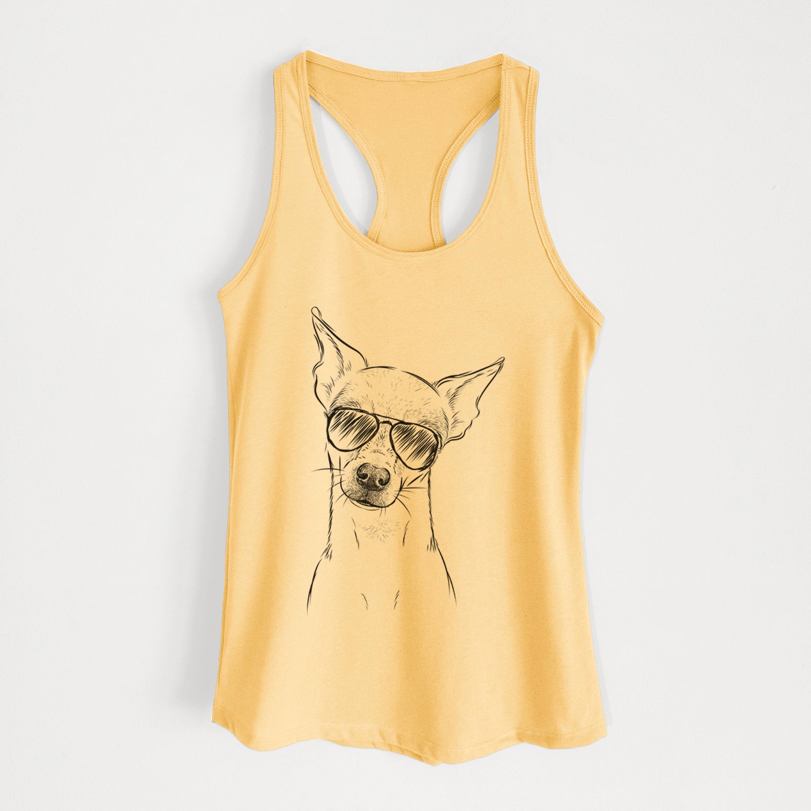 Hand-drawn sketch of Emee the Chihuahua wearing aviator sunglasses on a Banana Cream Women's racerback tanktop