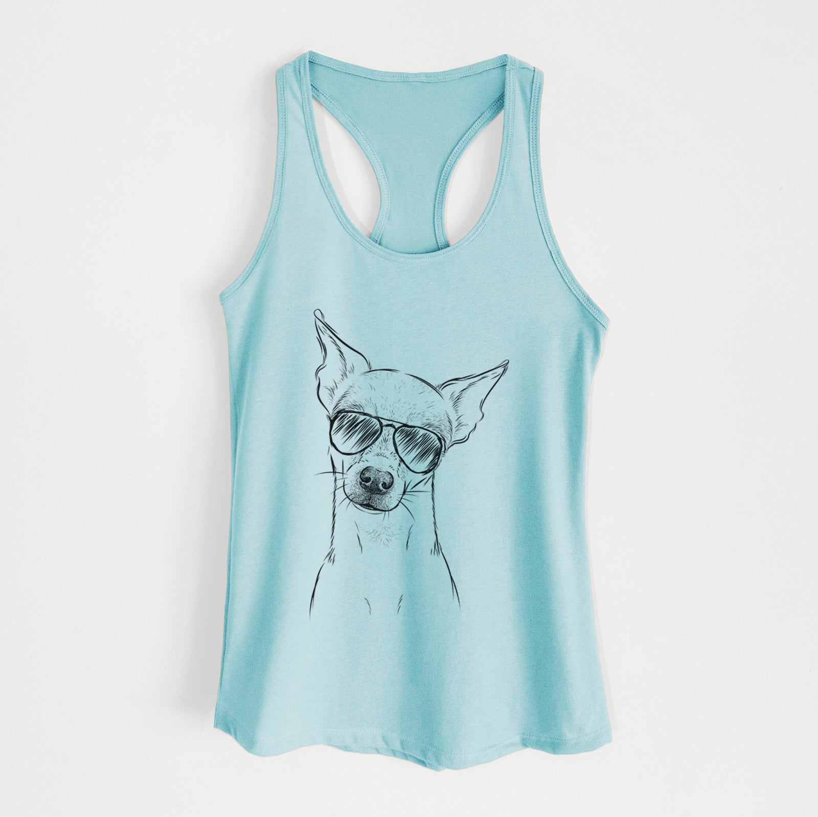 Hand-drawn sketch of Emee the Chihuahua wearing aviator sunglasses on a Cancun Blue Women's racerback tanktop