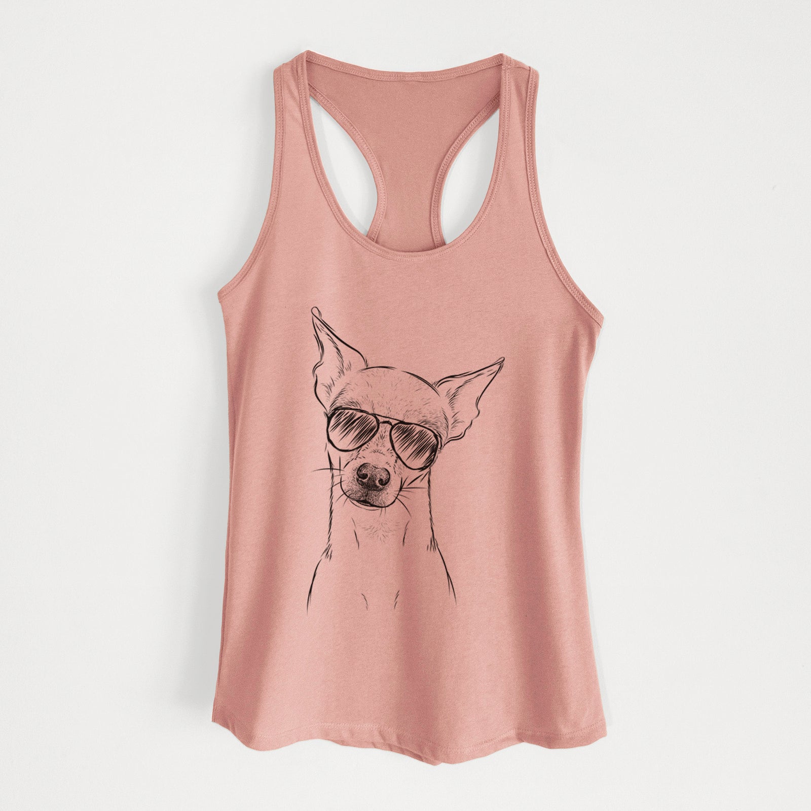 Hand-drawn sketch of Emee the Chihuahua wearing aviator sunglasses on a Desert Pink Women's racerback tanktop