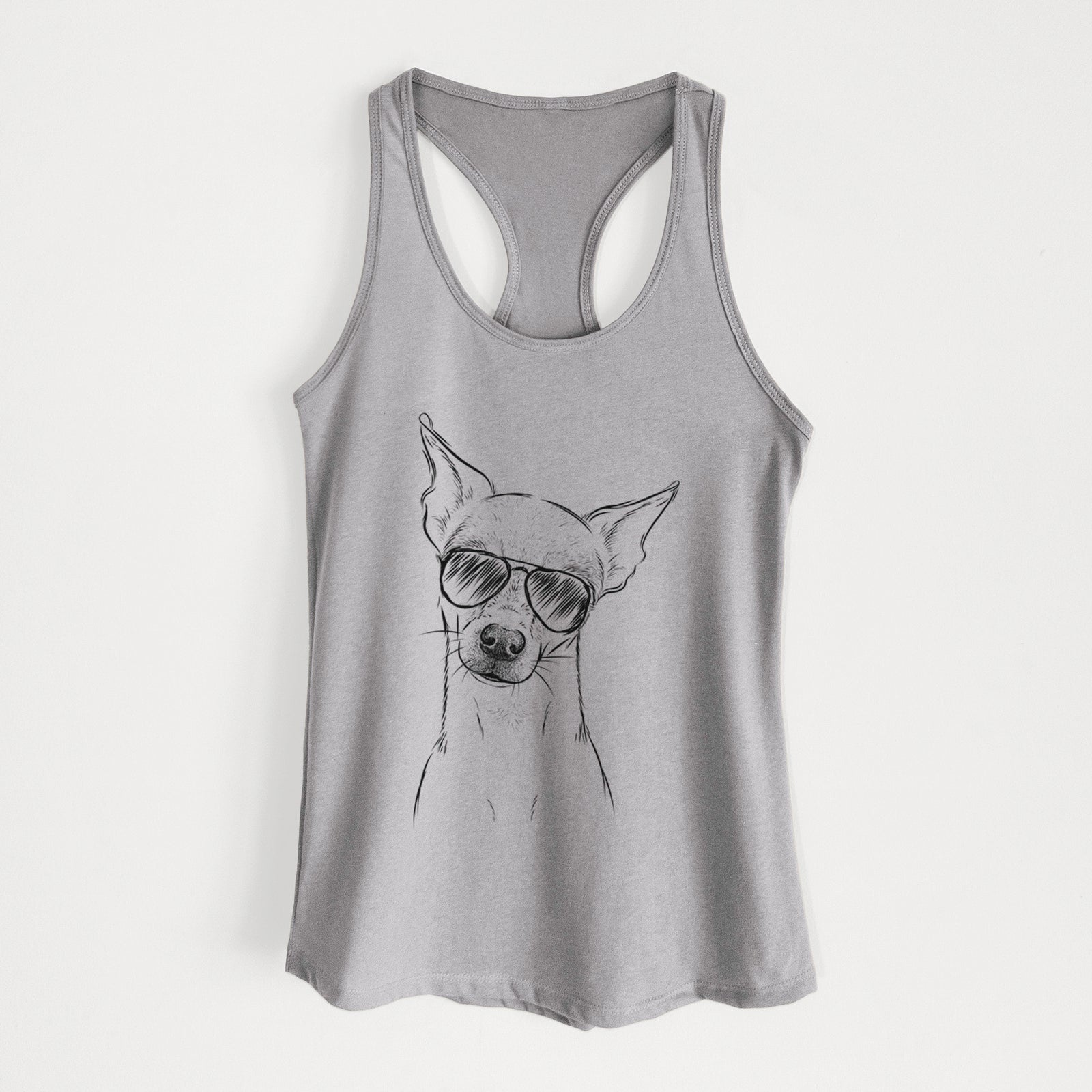Hand-drawn sketch of Emee the Chihuahua wearing aviator sunglasses on a Heather Grey Women's racerback tanktop
