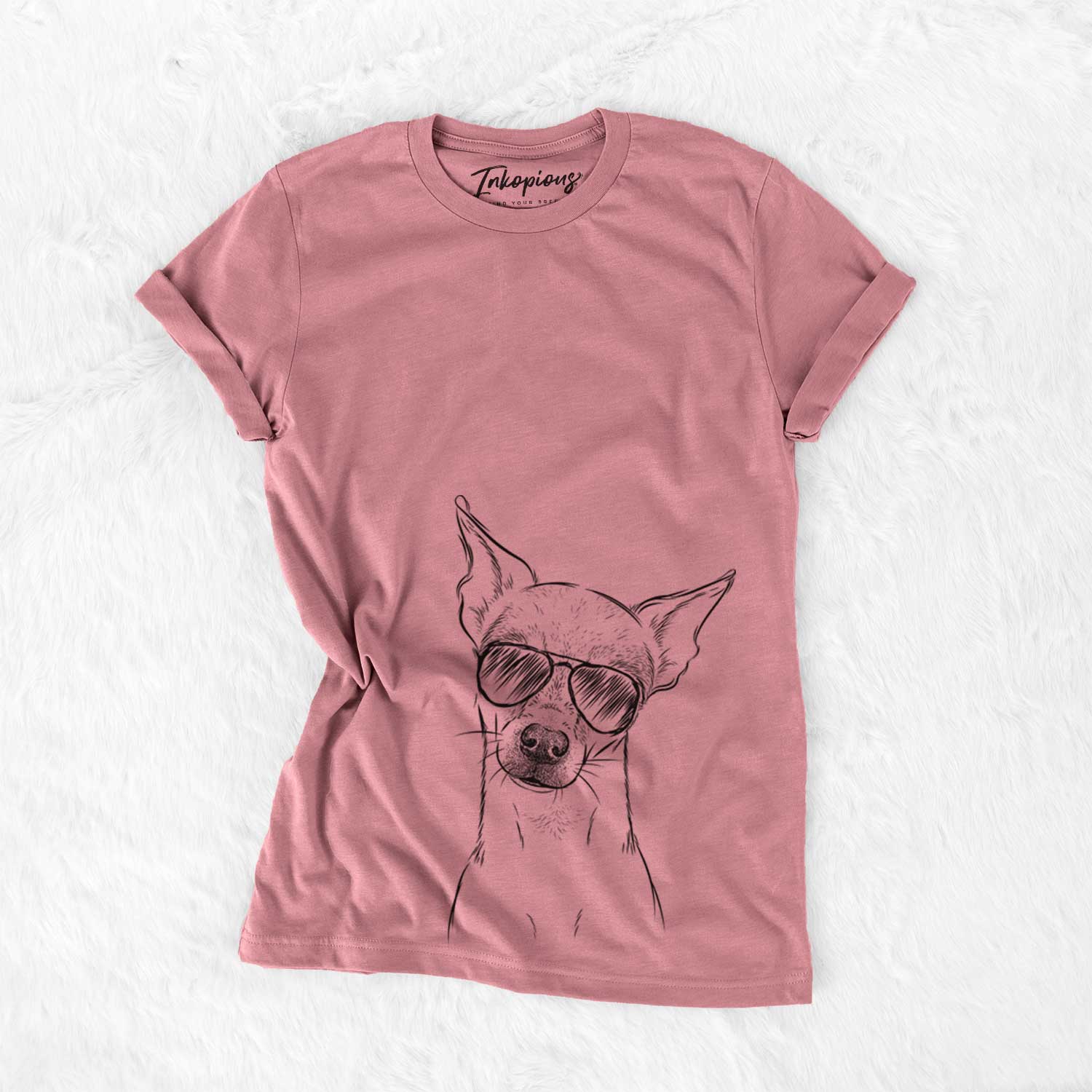 Hand-drawn sketch of Emee the Chihuahua wearing aviator sunglasses on a Mauve Bella Canvas Unisex Crewneck