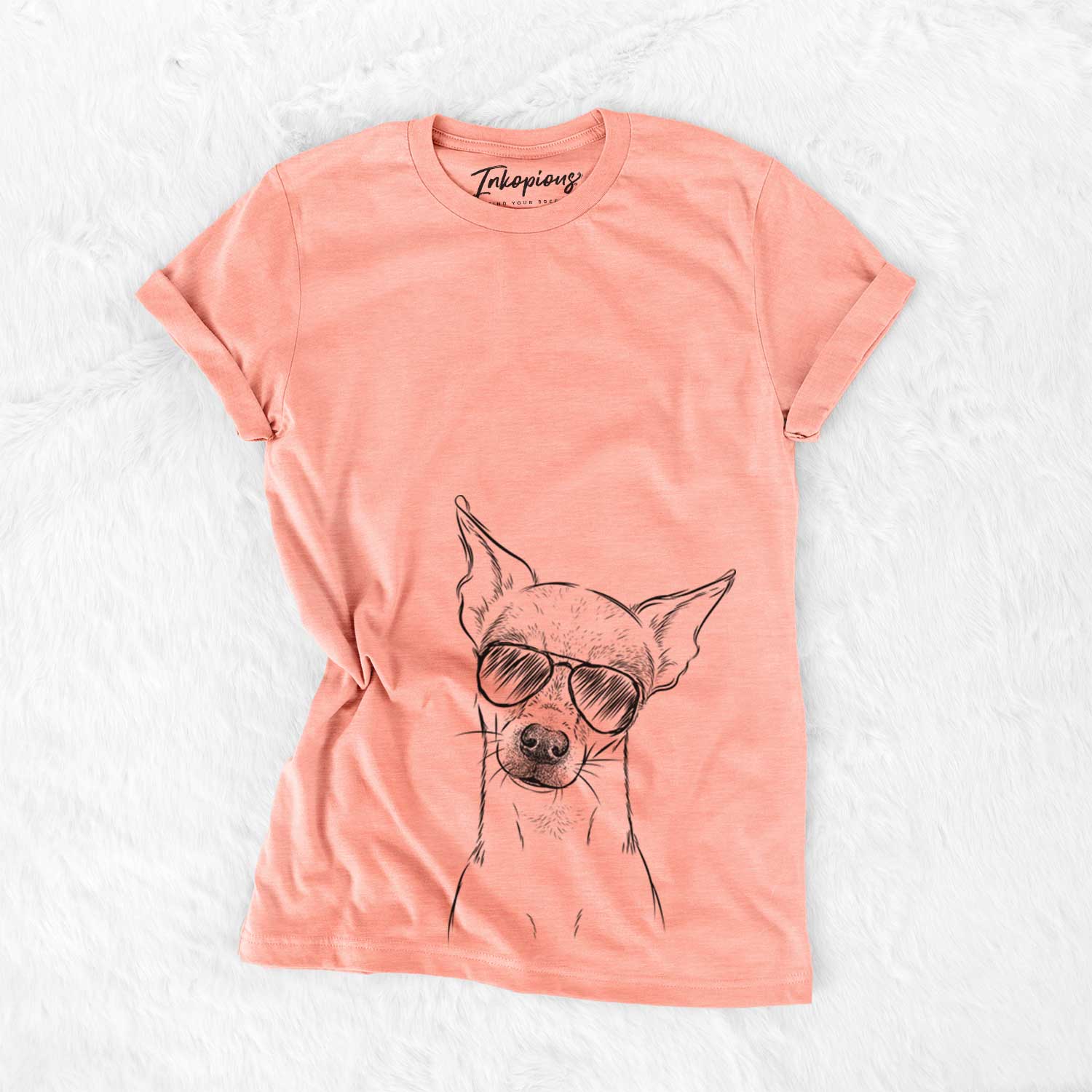Hand-drawn sketch of Emee the Chihuahua wearing aviator sunglasses on a Sunset Bella Canvas Unisex Crewneck