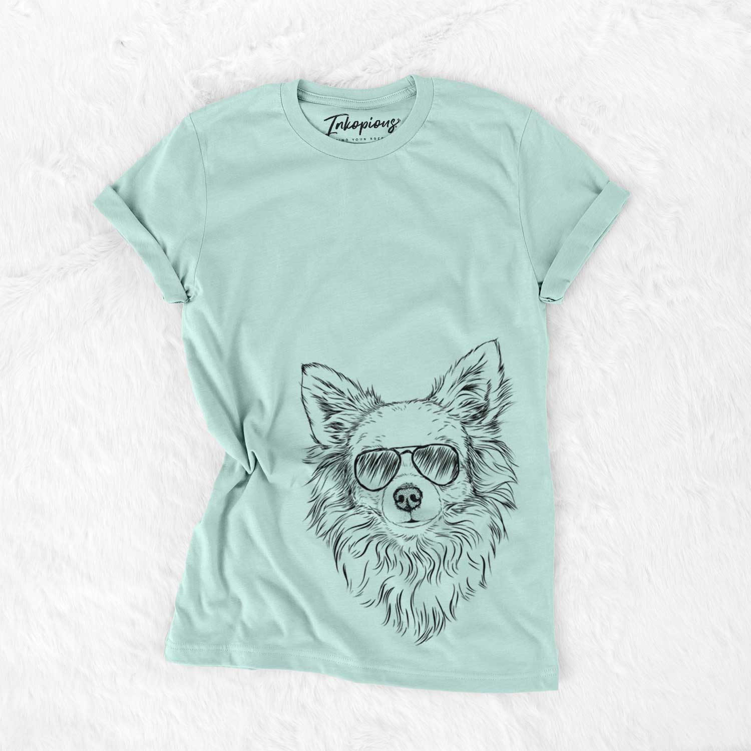 Hand-drawn sketch of Emma the Longhaired Chihuahua wearing aviator sunglasses on a Heather Sage Unisex crewneck