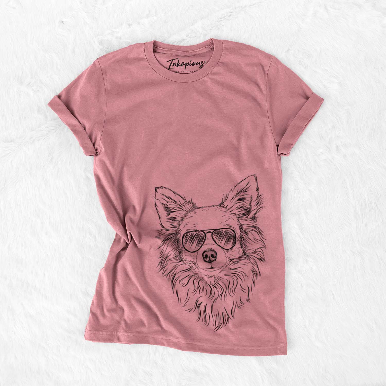 Hand-drawn sketch of Emma the Longhaired Chihuahua wearing aviator sunglasses on a Mauve Unisex crewneck