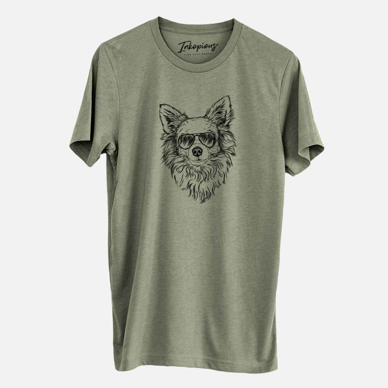 Hand-drawn sketch of Emma the Longhaired Chihuahua wearing aviator sunglasses on an Olive Unisex crewneck