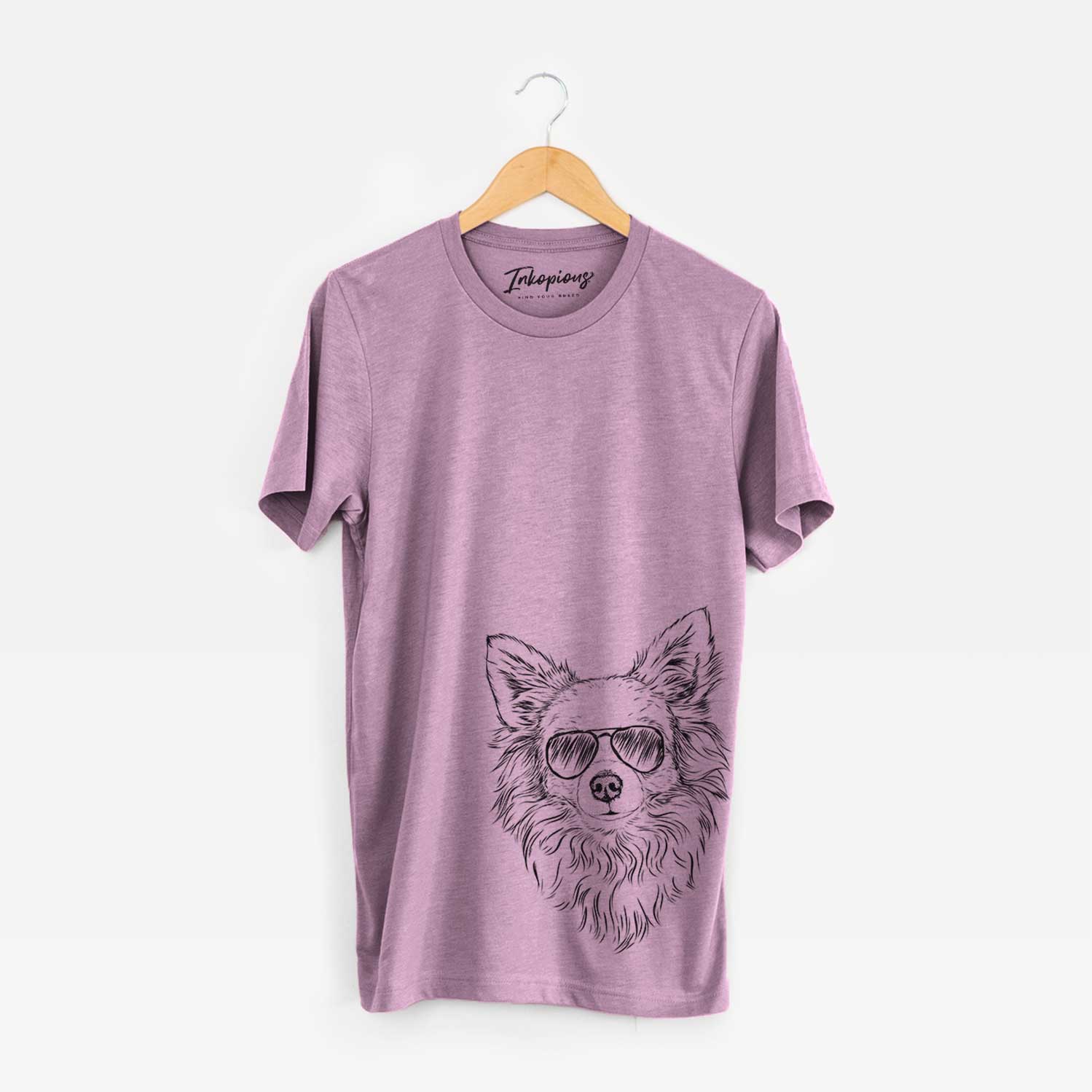 Hand-drawn sketch of Emma the Longhaired Chihuahua wearing aviator sunglasses on an Orchid Bella Canvas Unisex Crewneck