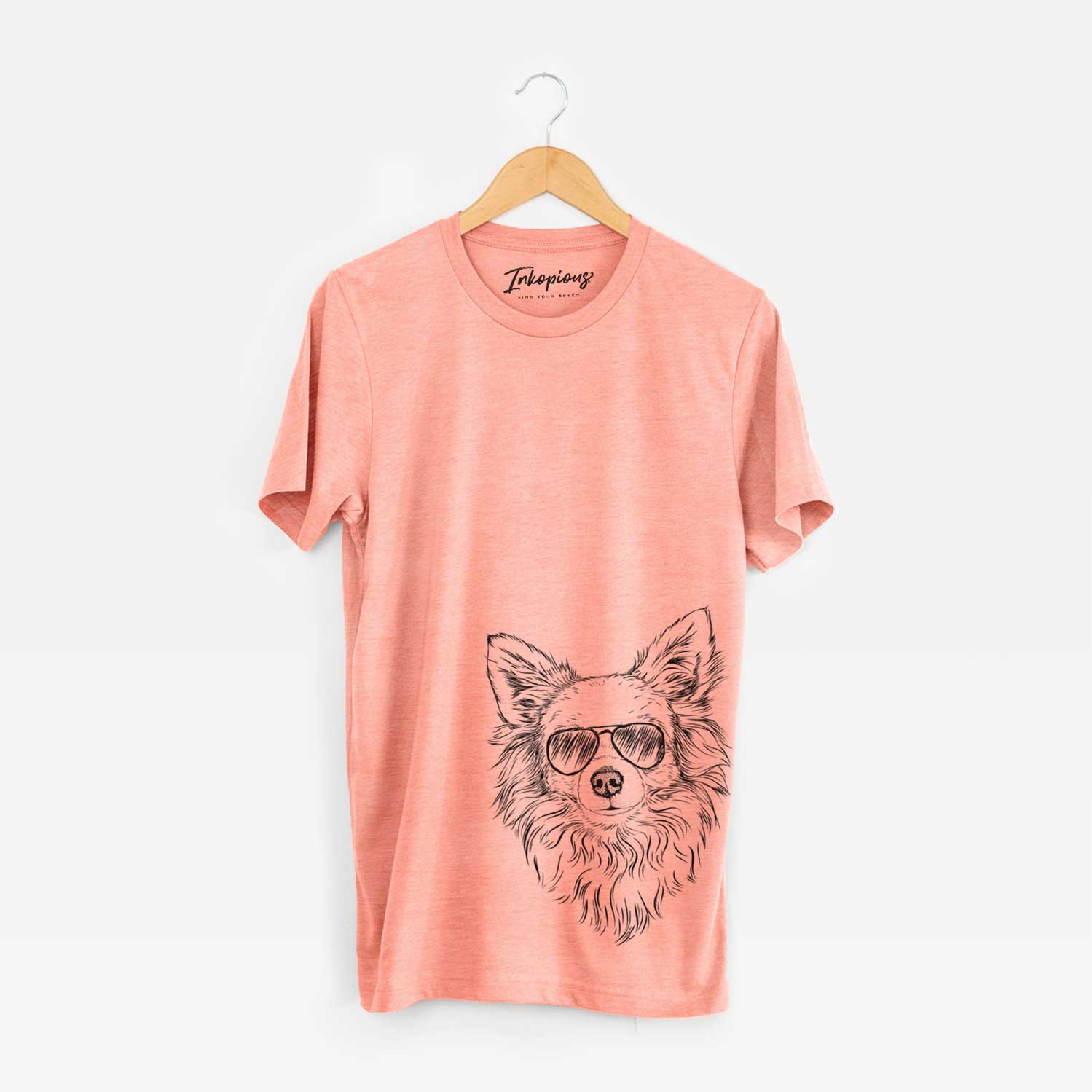 Hand-drawn sketch of Emma the Longhaired Chihuahua wearing aviator sunglasses on a Sunset Unisex crewneck