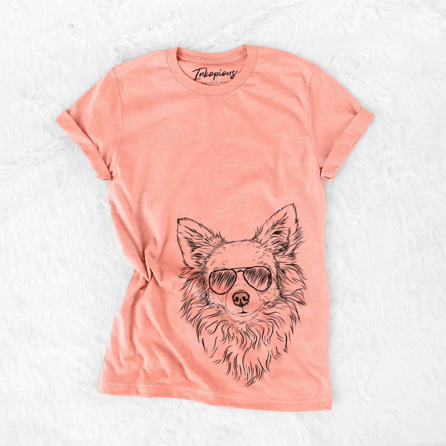 Hand-drawn sketch of Emma the Longhaired Chihuahua wearing aviator sunglasses on a Sunset Bella Canvas Unisex Crewneck