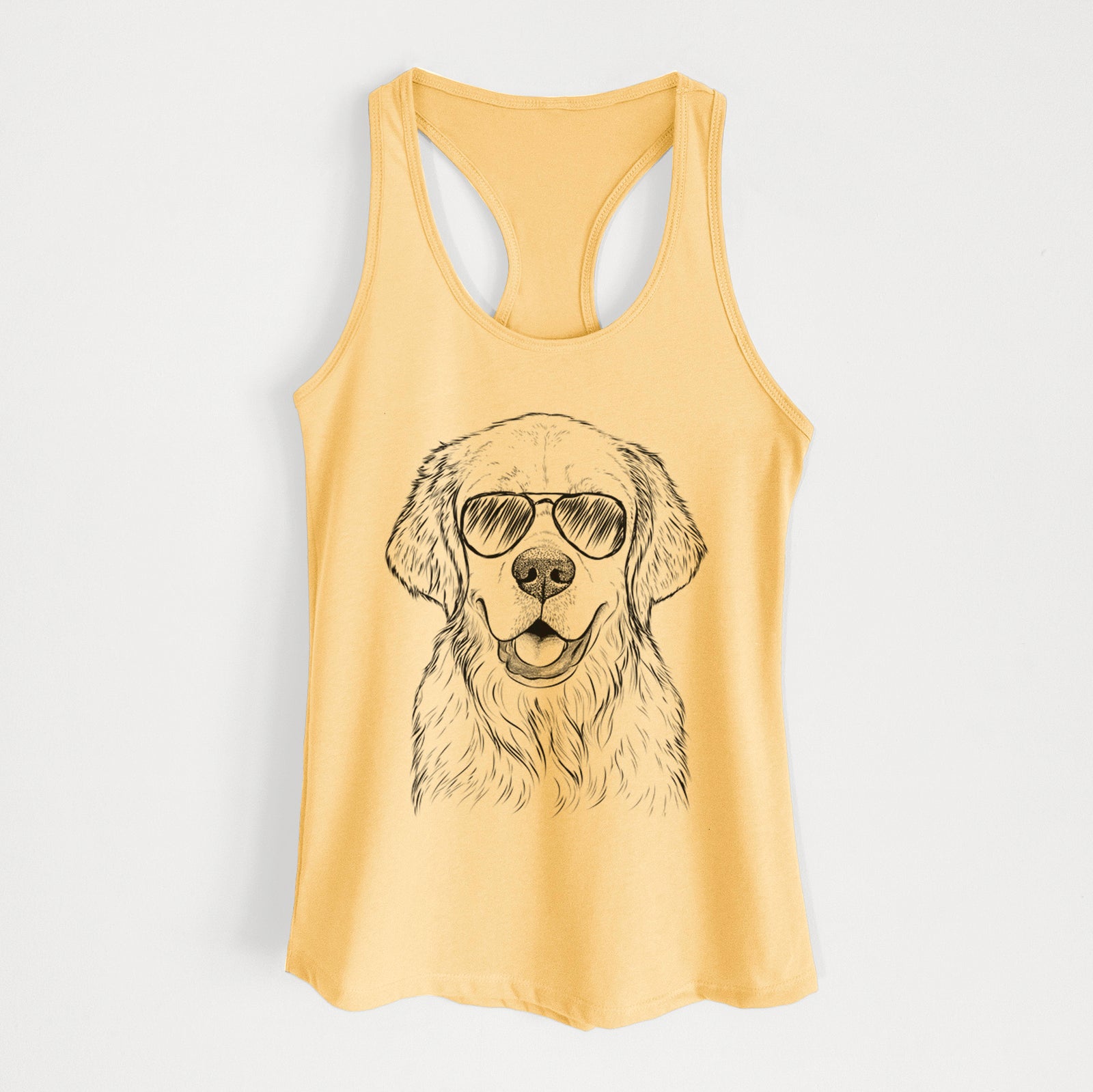 Hand-drawn sketch of Emma the Golden Retriever wearing aviator sunglasses on a Banana Cream Women's racerback tanktop