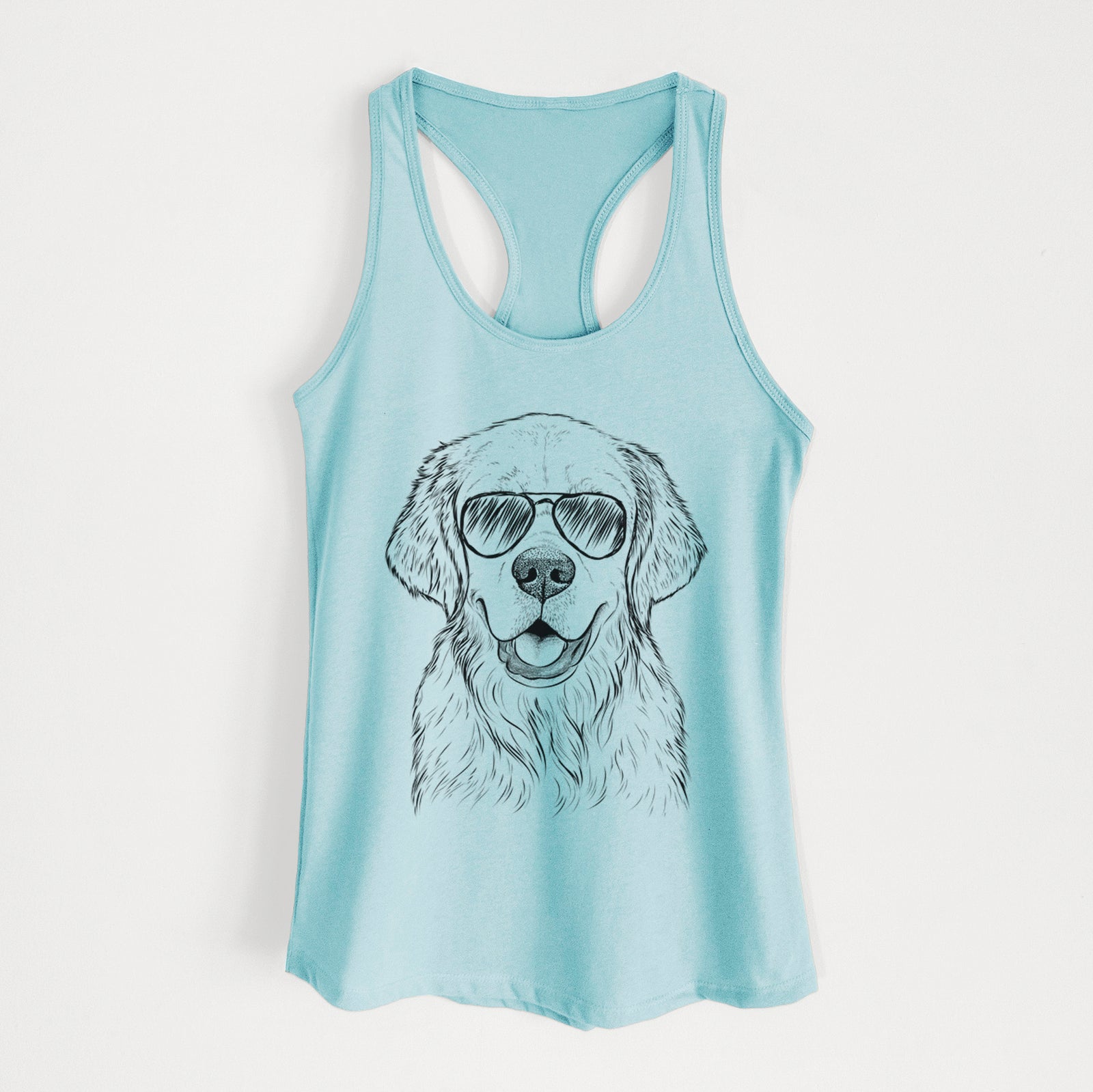Hand-drawn sketch of Emma the Golden Retriever wearing aviator sunglasses on a Cancun Blue Women's racerback tanktop