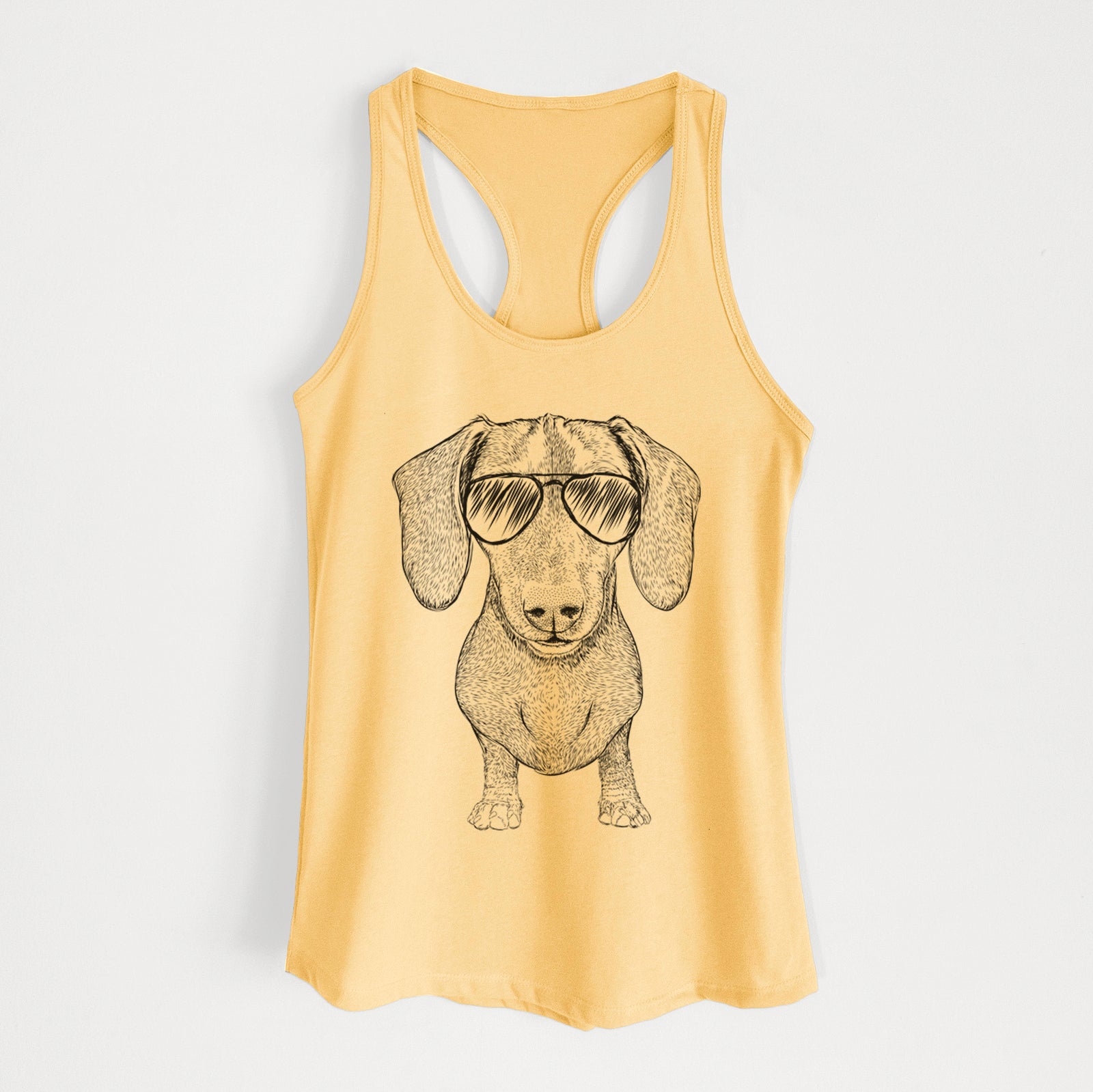 Hand-drawn sketch of Ernie the Mini Dachshund wearing aviator sunglasses on a Banana Cream Women's racerback tanktop