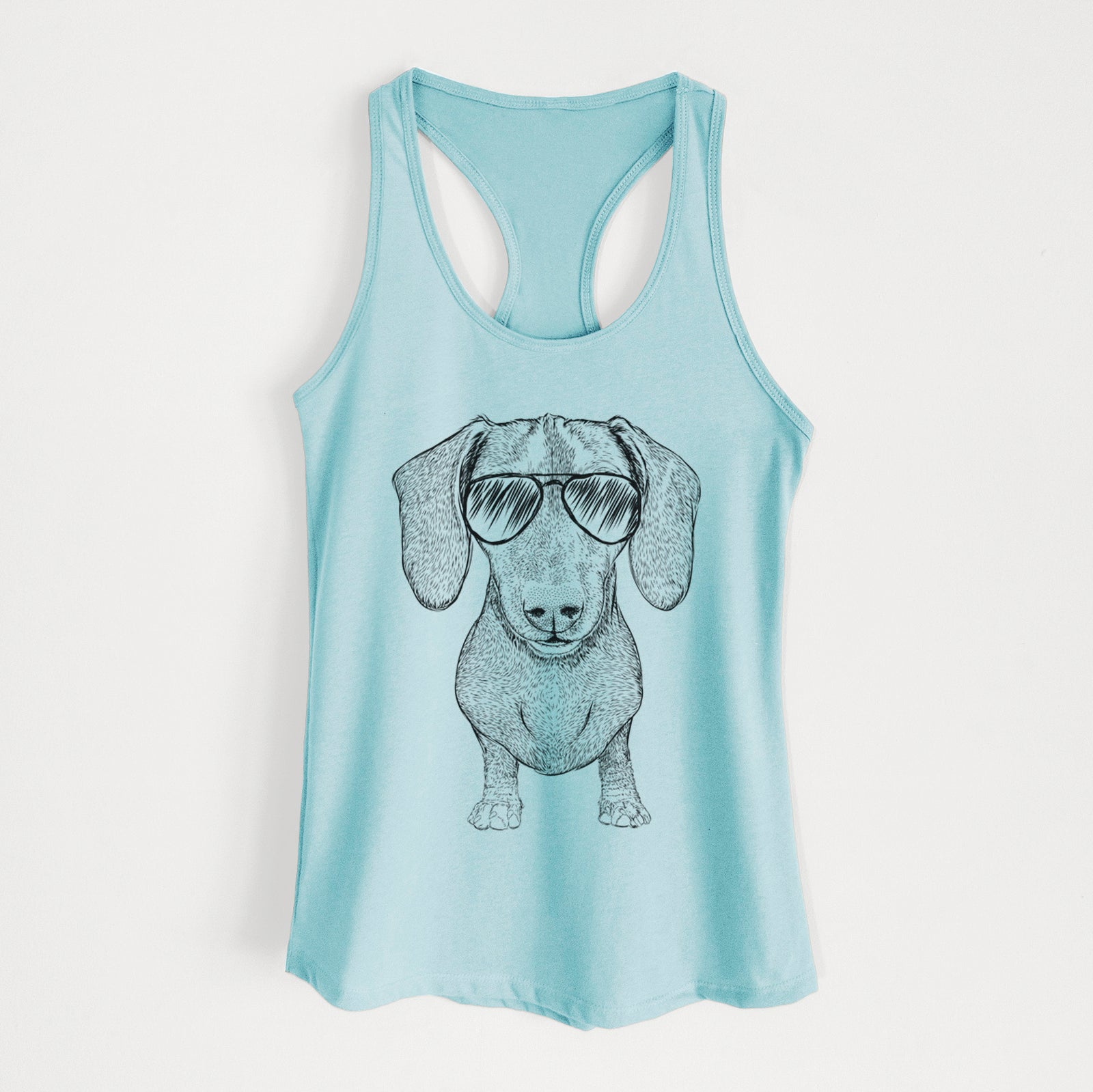 Hand-drawn sketch of Ernie the Mini Dachshund wearing aviator sunglasses on a Cancun Blue Women's racerback tanktop