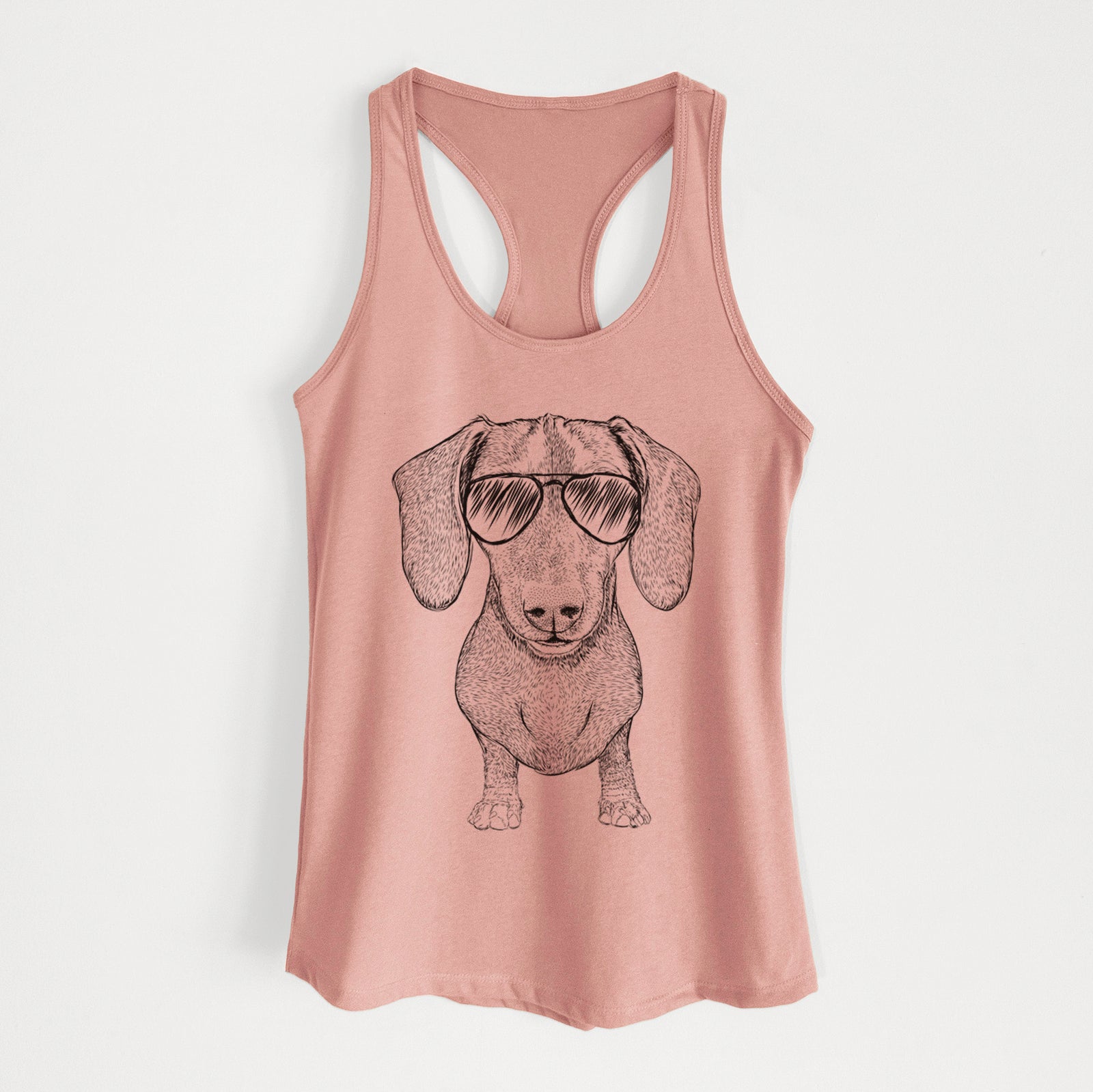 Hand-drawn sketch of Ernie the Mini Dachshund wearing aviator sunglasses on a Desert Pink Women's racerback tanktop