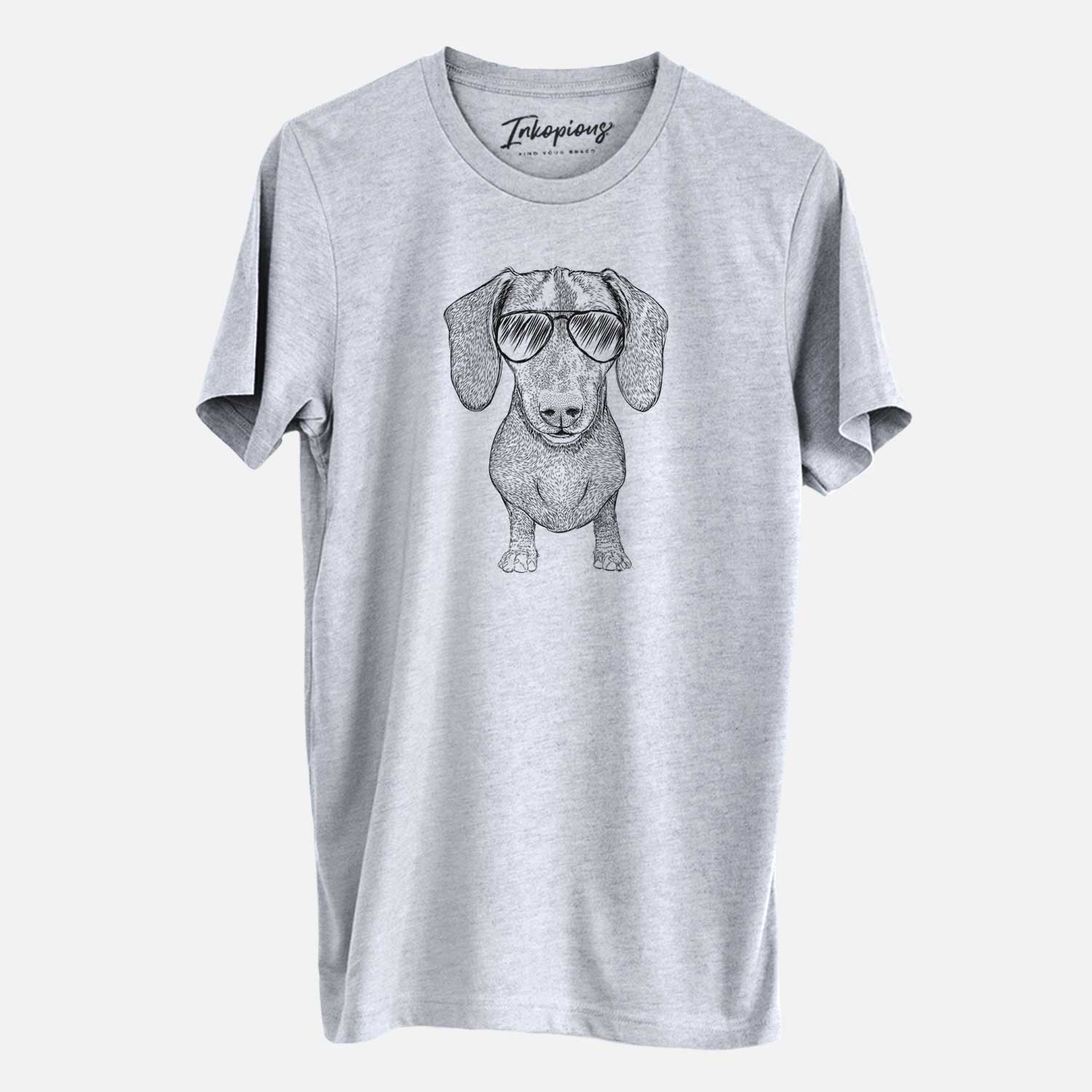 Hand-drawn sketch of Ernie the Mini Dachshund wearing aviator sunglasses on a Grey Unisex crewneck