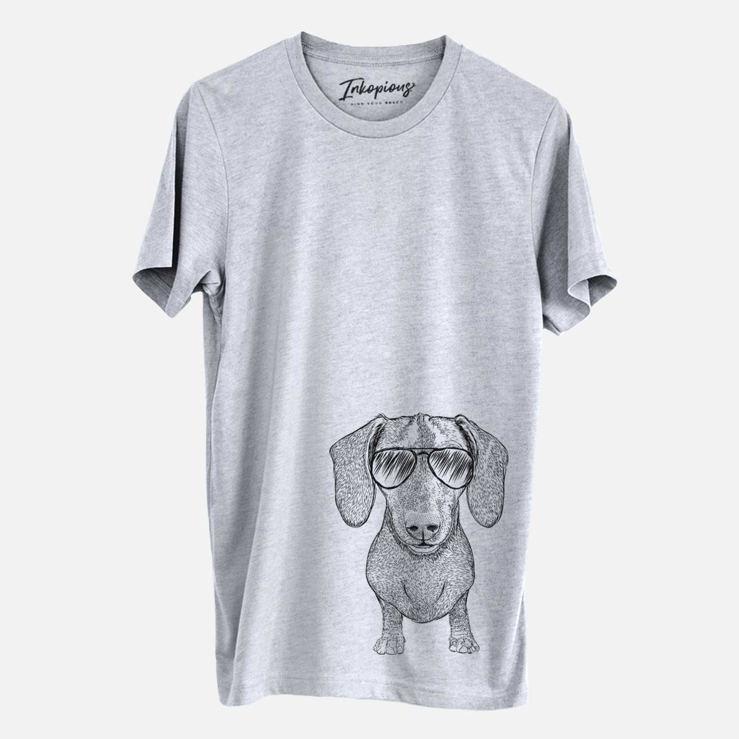 Hand-drawn sketch of Ernie the Mini Dachshund wearing aviator sunglasses on a Grey Unisex crewneck