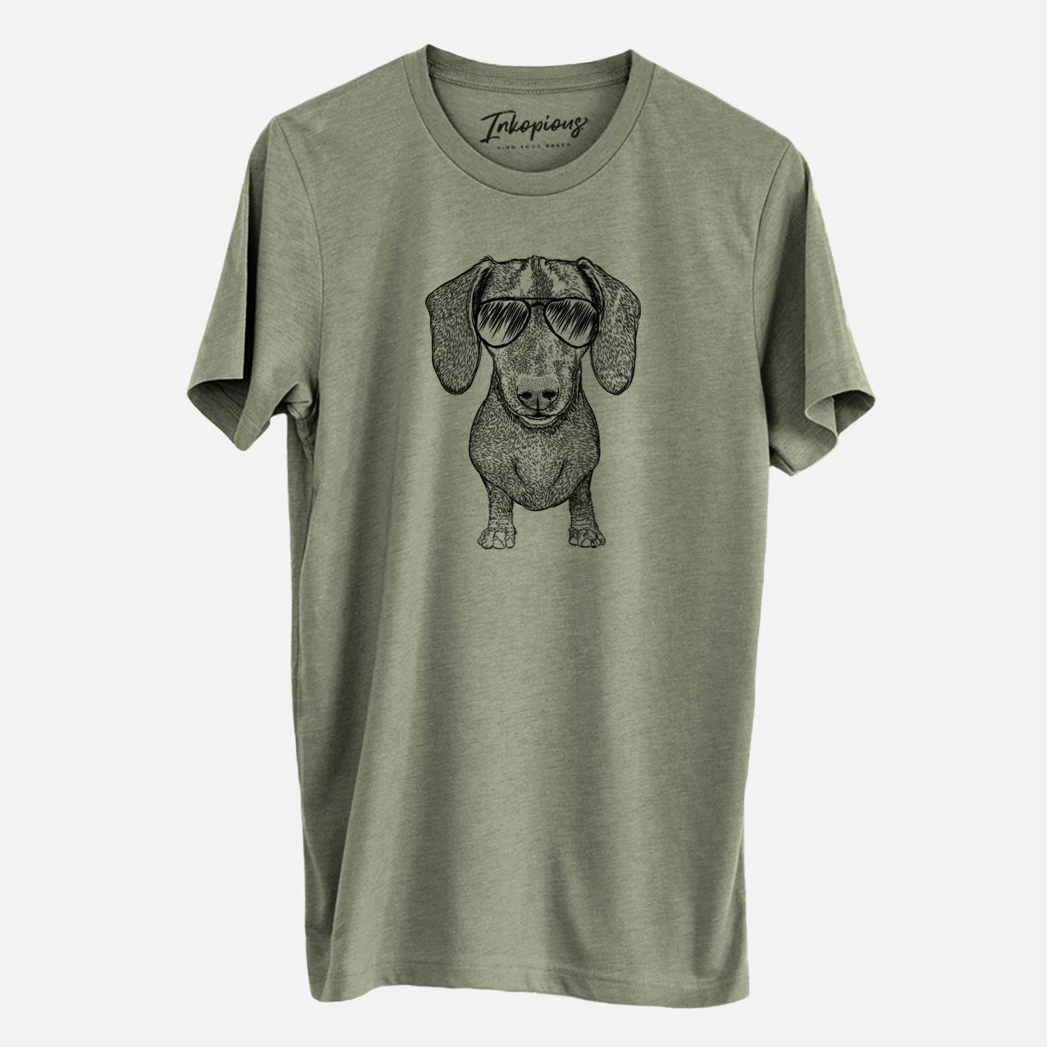 Hand-drawn sketch of Ernie the Mini Dachshund wearing aviator sunglasses on an Olive Unisex crewneck