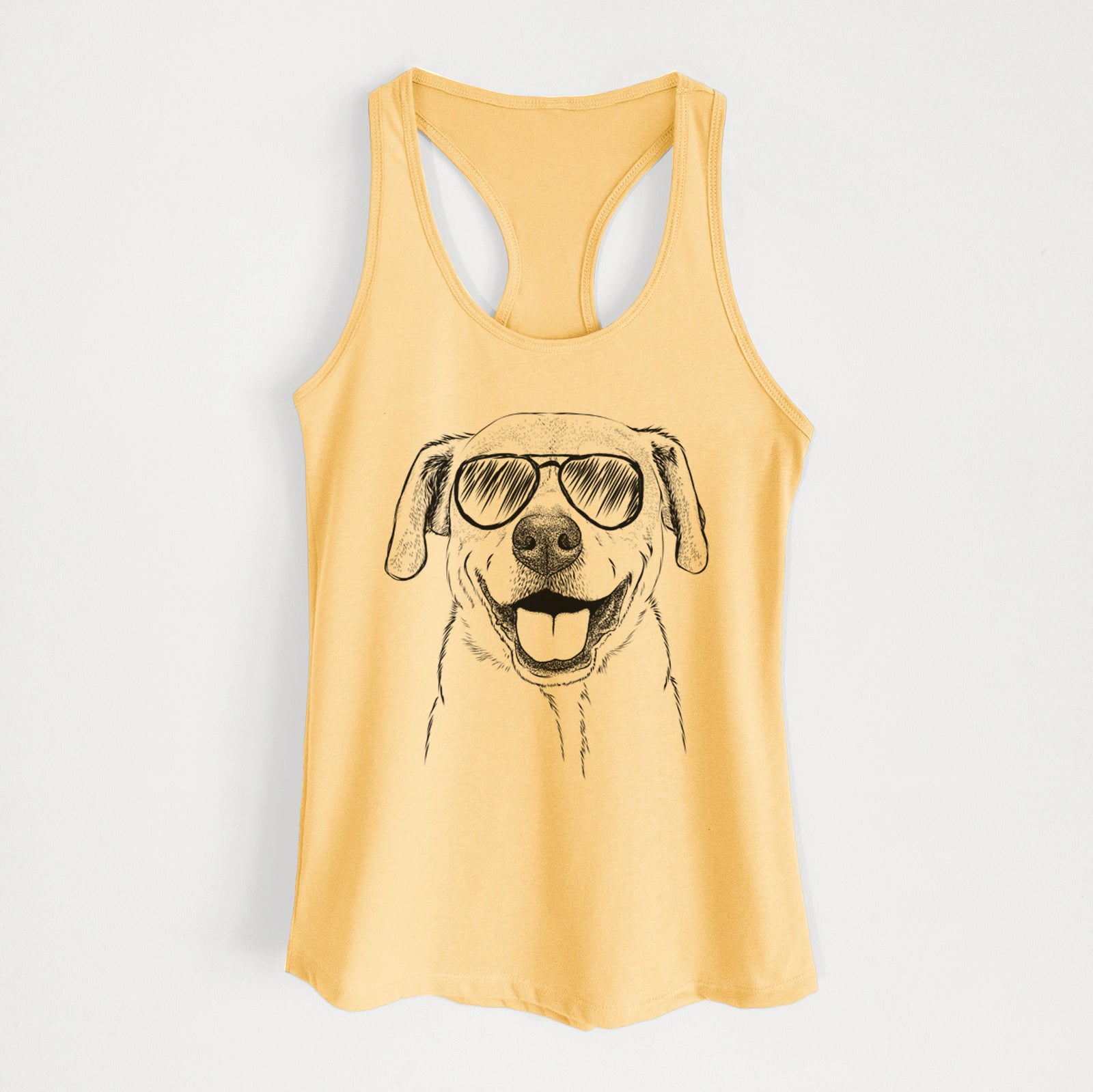 Hand-drawn sketch of Ernie the Mixed Breed wearing aviator sunglasses on a Banana Cream Women's racerback tanktop