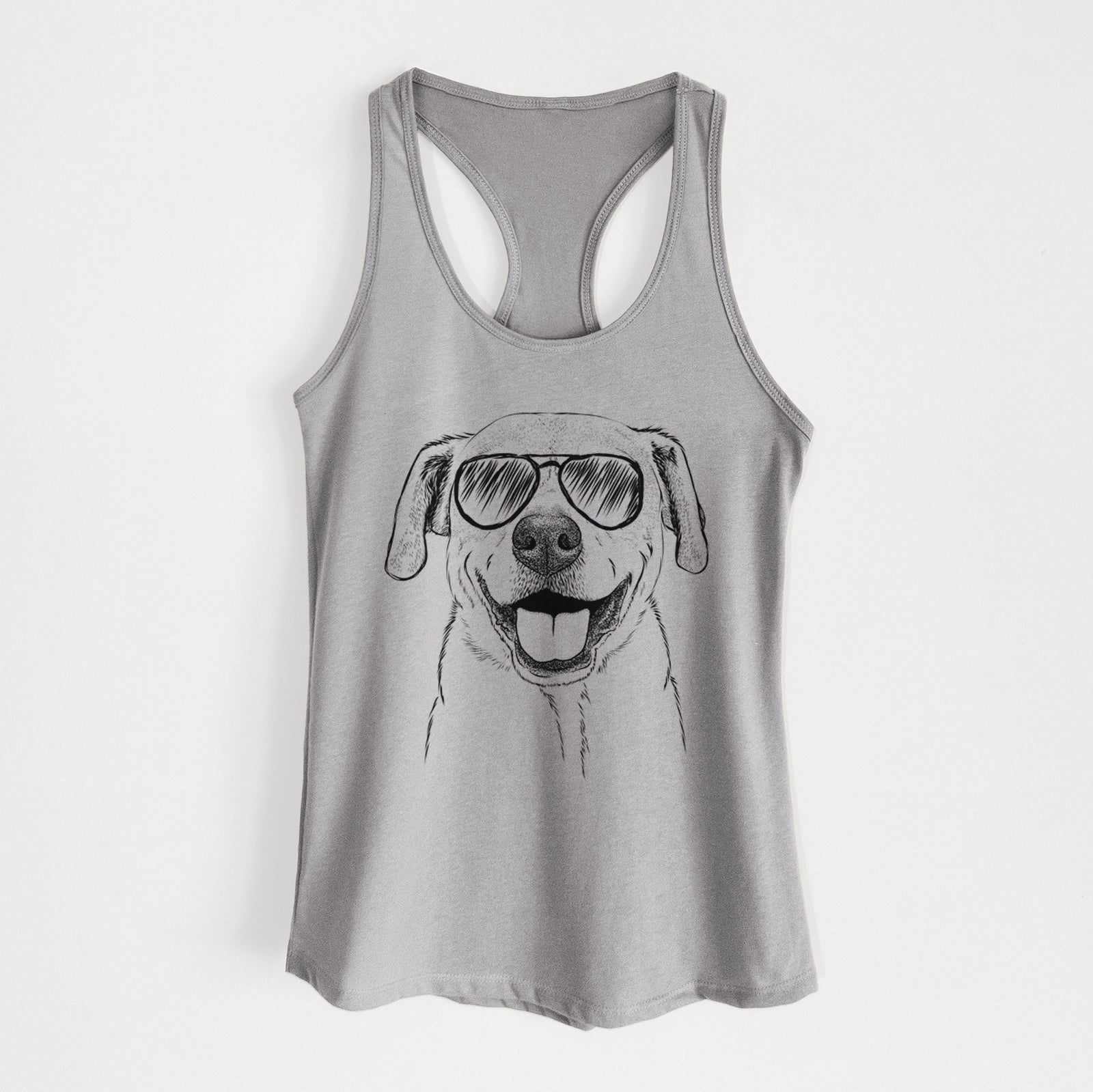 Hand-drawn sketch of Ernie the Mixed Breed wearing aviator sunglasses on a Heather Grey Women's racerback tanktop